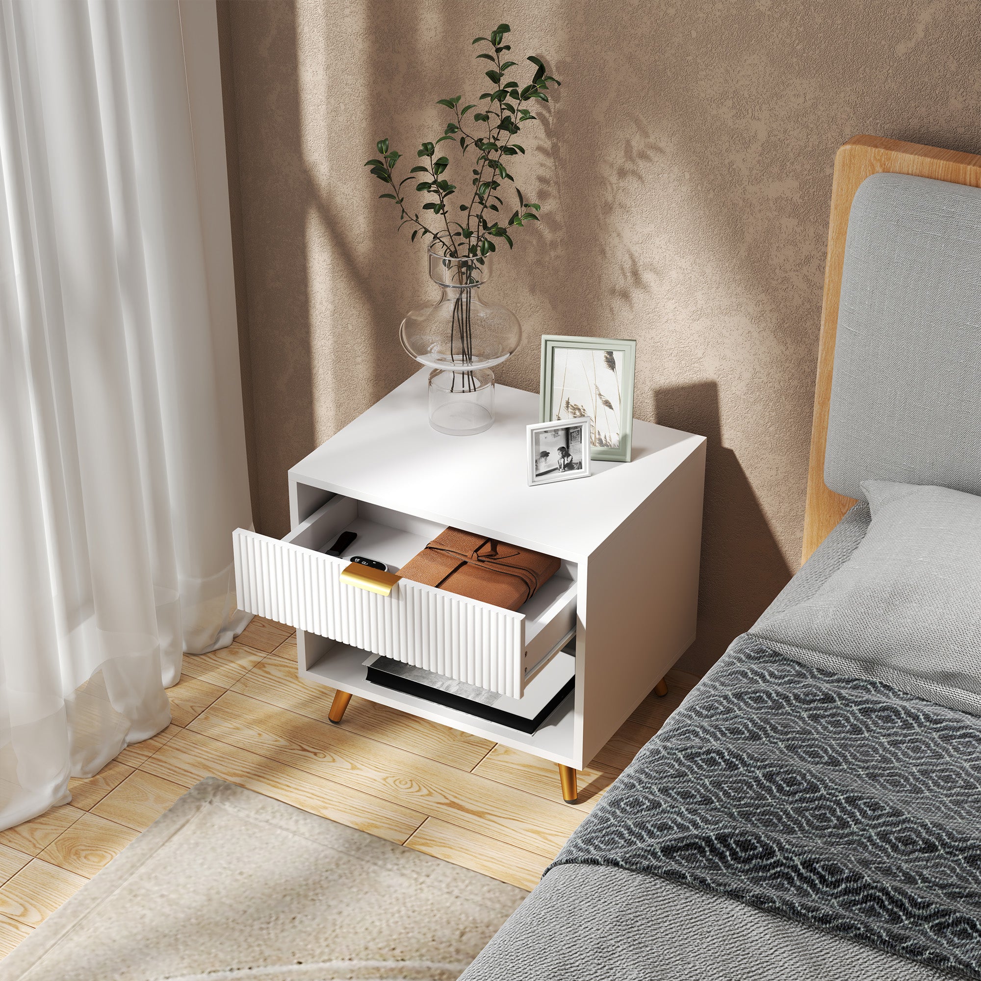 Elegant Bedside Table, with Drawer and Shelf - White/Gold Tone