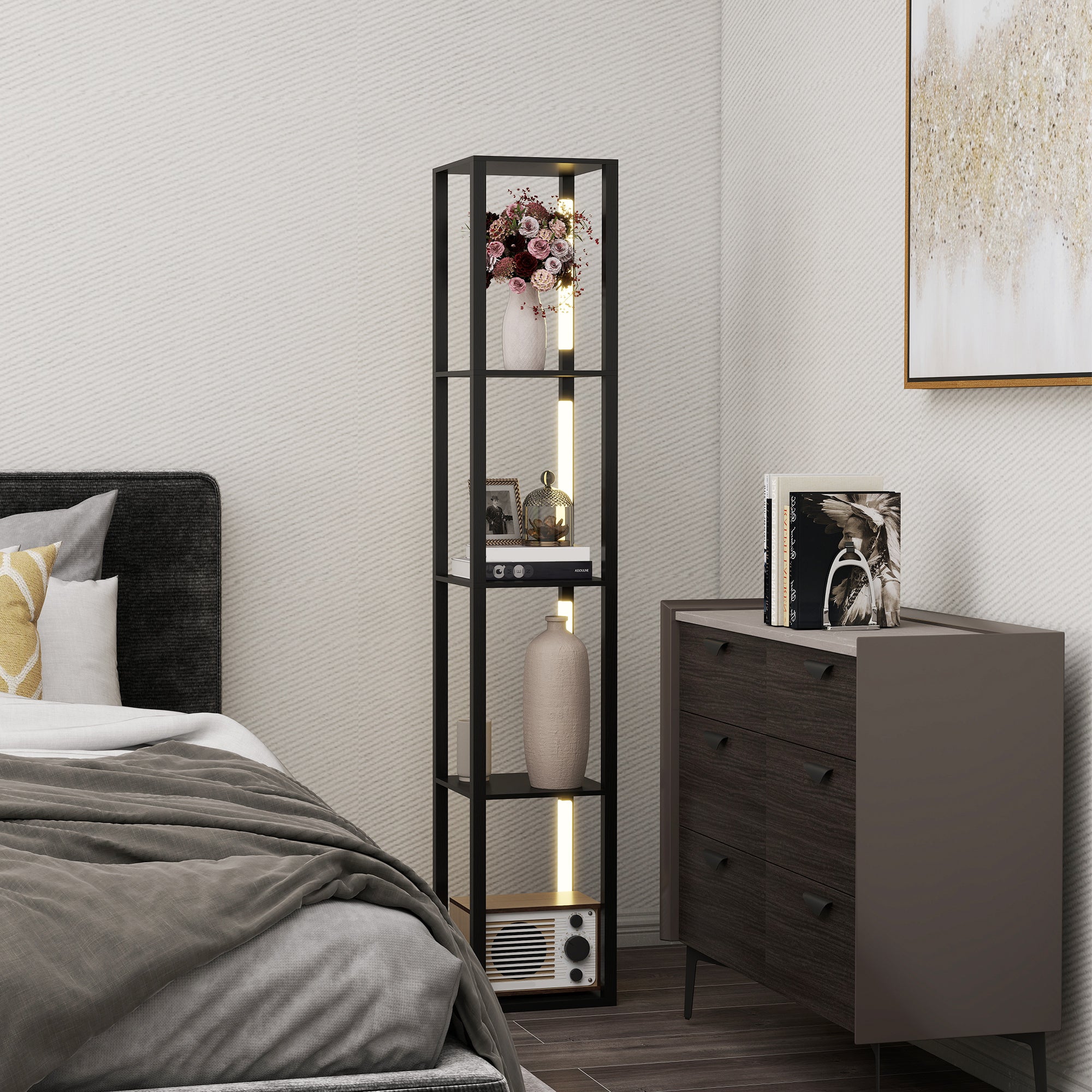 LED Floor Lamp with Shelves, Modern Dimmable Standing Lamp with 3 Brightness Levels and Foot Switch for Living Room, Bedroom, Office, Black