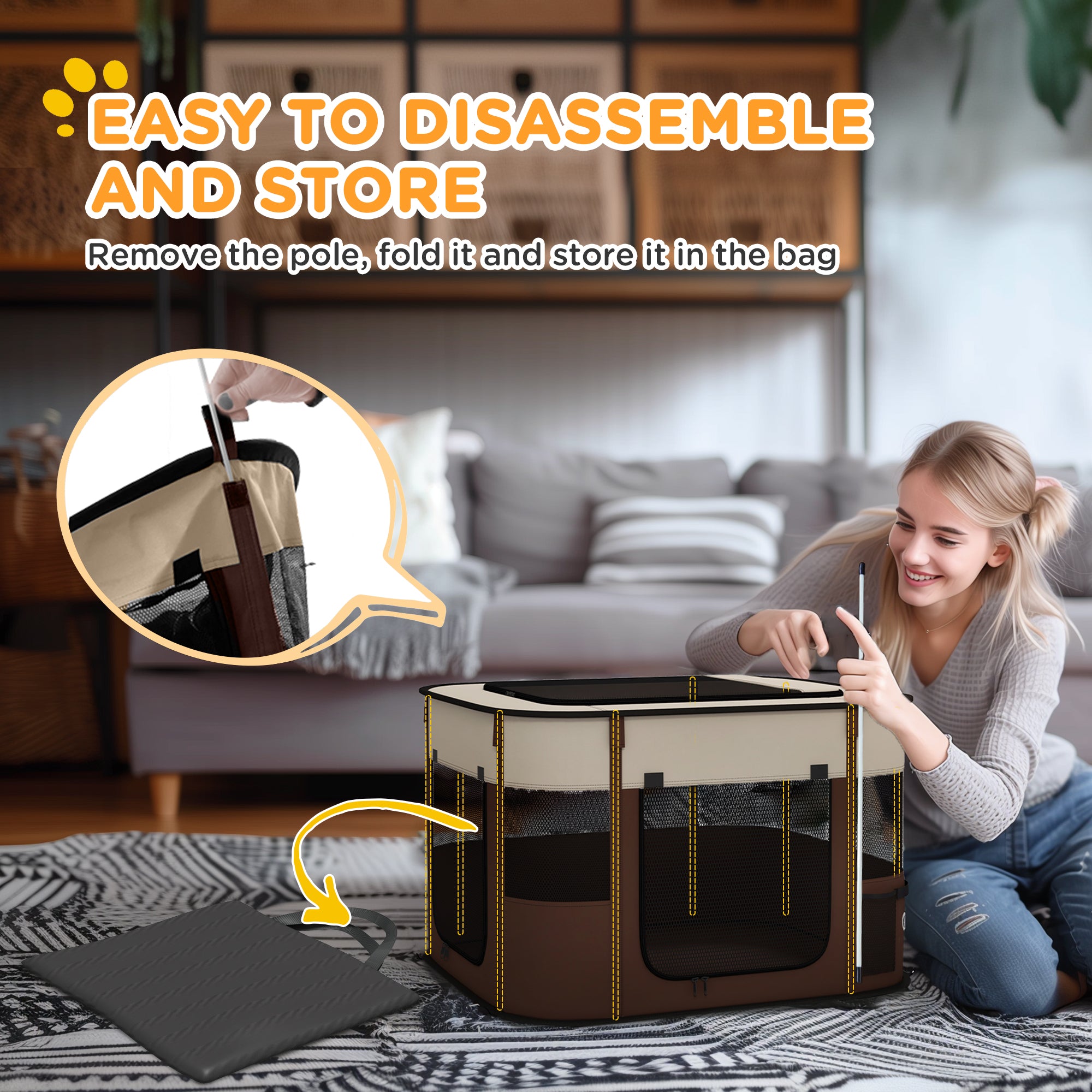 Foldable Dog Pen with Storage Bag for Indoor/Outdoor Use, Portable Pet playpen, with Ground Stakes - Brown