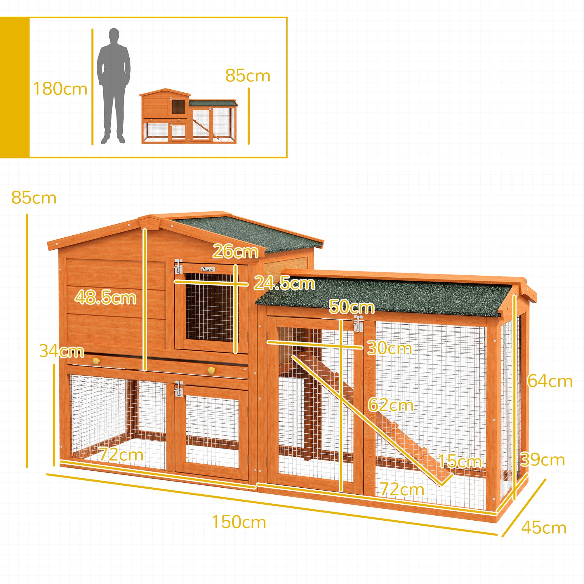 Two-Tier Rabbit Hutch with Run, Ramp, Slide-Out Tray, for Garden - Orange