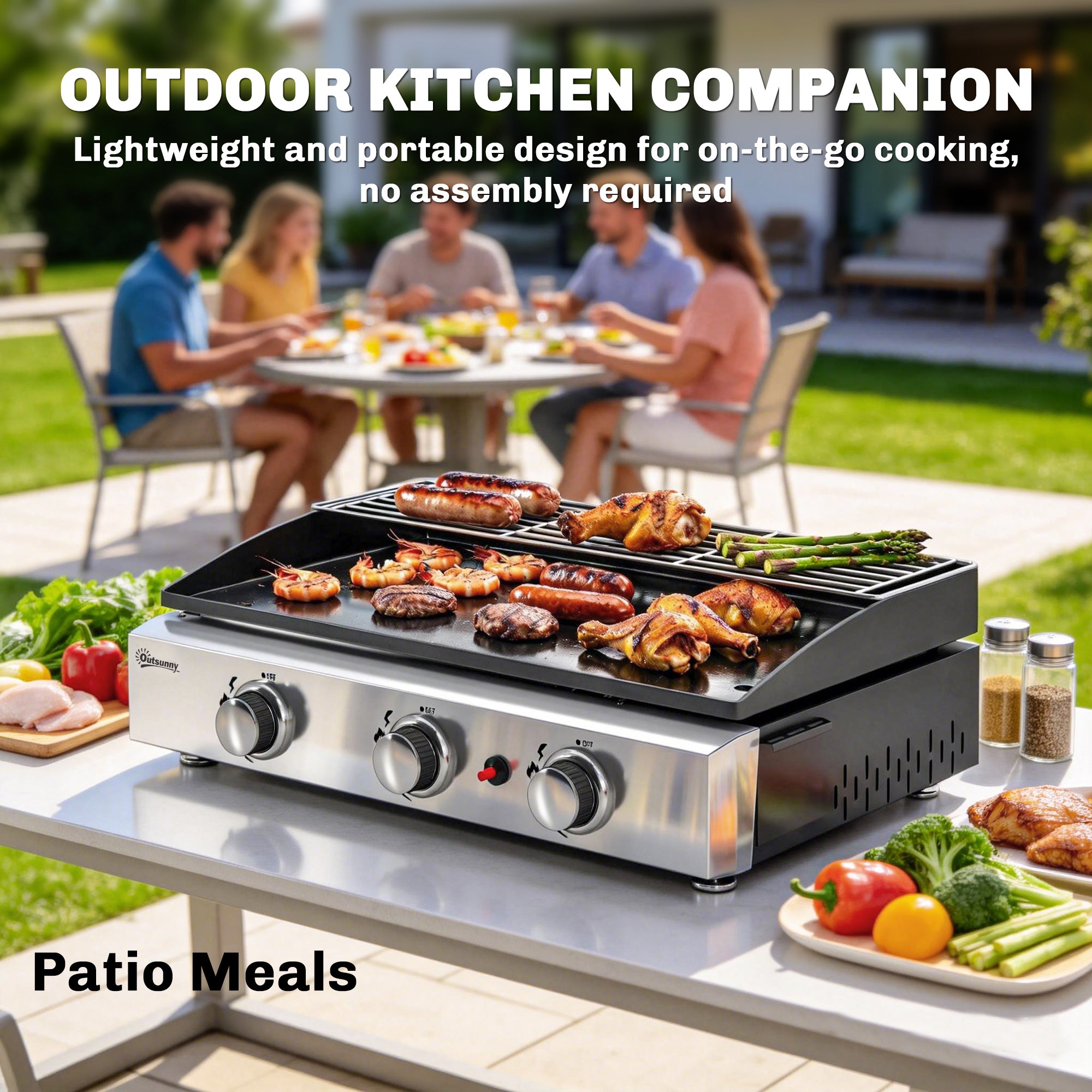 3 Burner Grill Griddle, Portable Gas Plancha with Warming Rack, 7.5 kW, Tabletop Gas BBQ with Grease Cup, Black