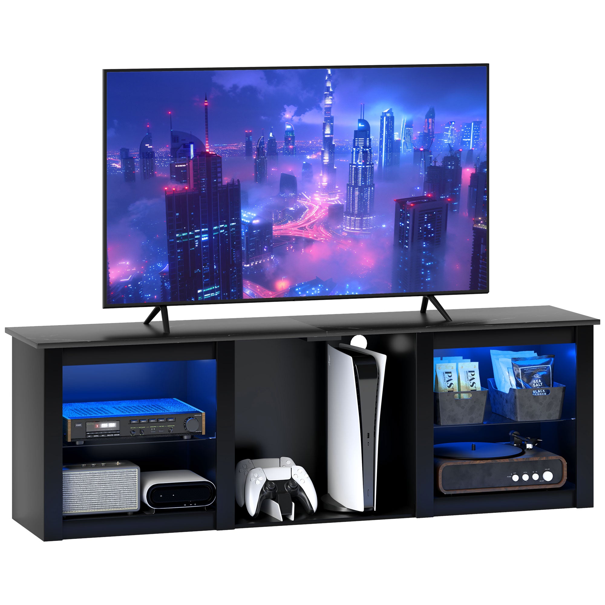 65" TV Stand, with LED Lights and Storage - Black
