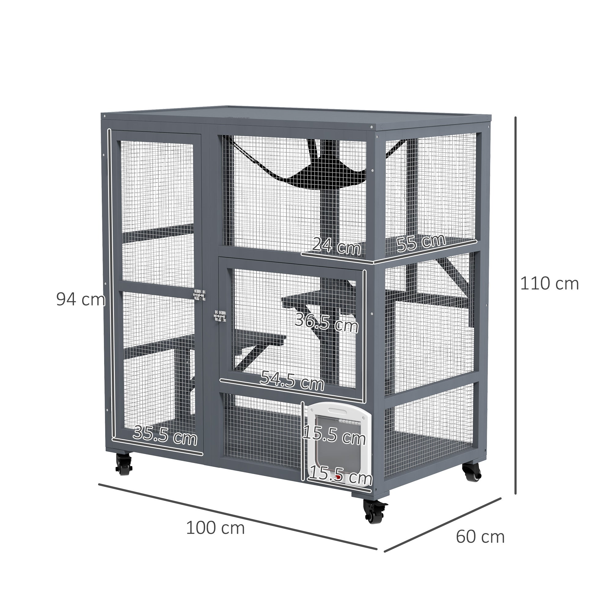 Cat House, Wooden Outdoor Catio Cat Enclosure on Wheels, Wooden Kitty Cage with Platforms, Hammock, Light Grey