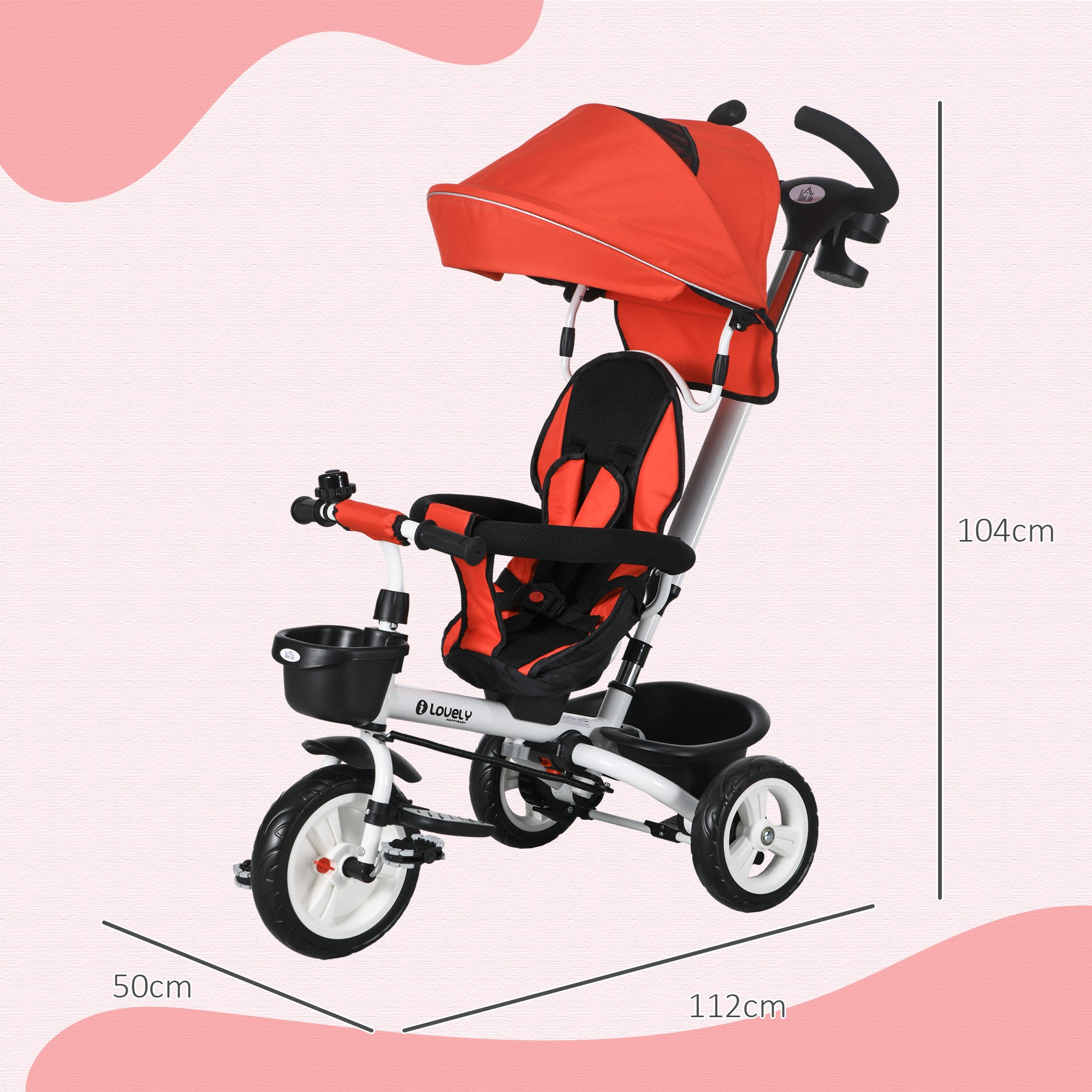 Metal Frame 6 in 1 Baby Push Tricycle with Parent Handle for 1-5 Years Old, Red