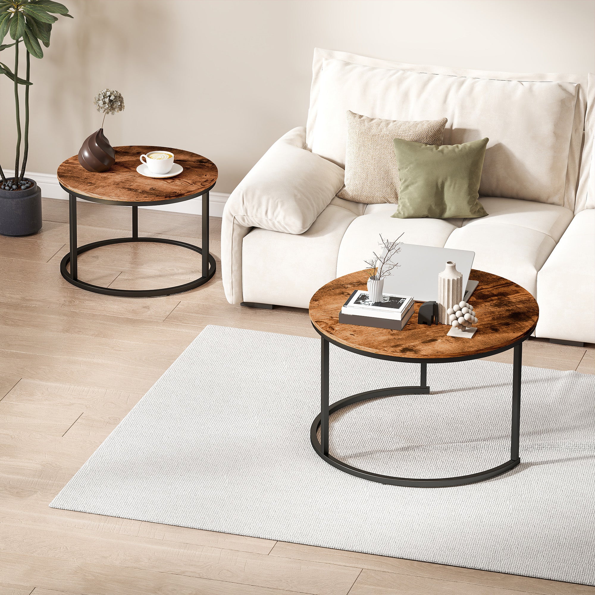 Coffee Table Set of 2, Round Nest of Tables with Metal Frame, Modern Side Tables for Living Room, Rustic Brown
