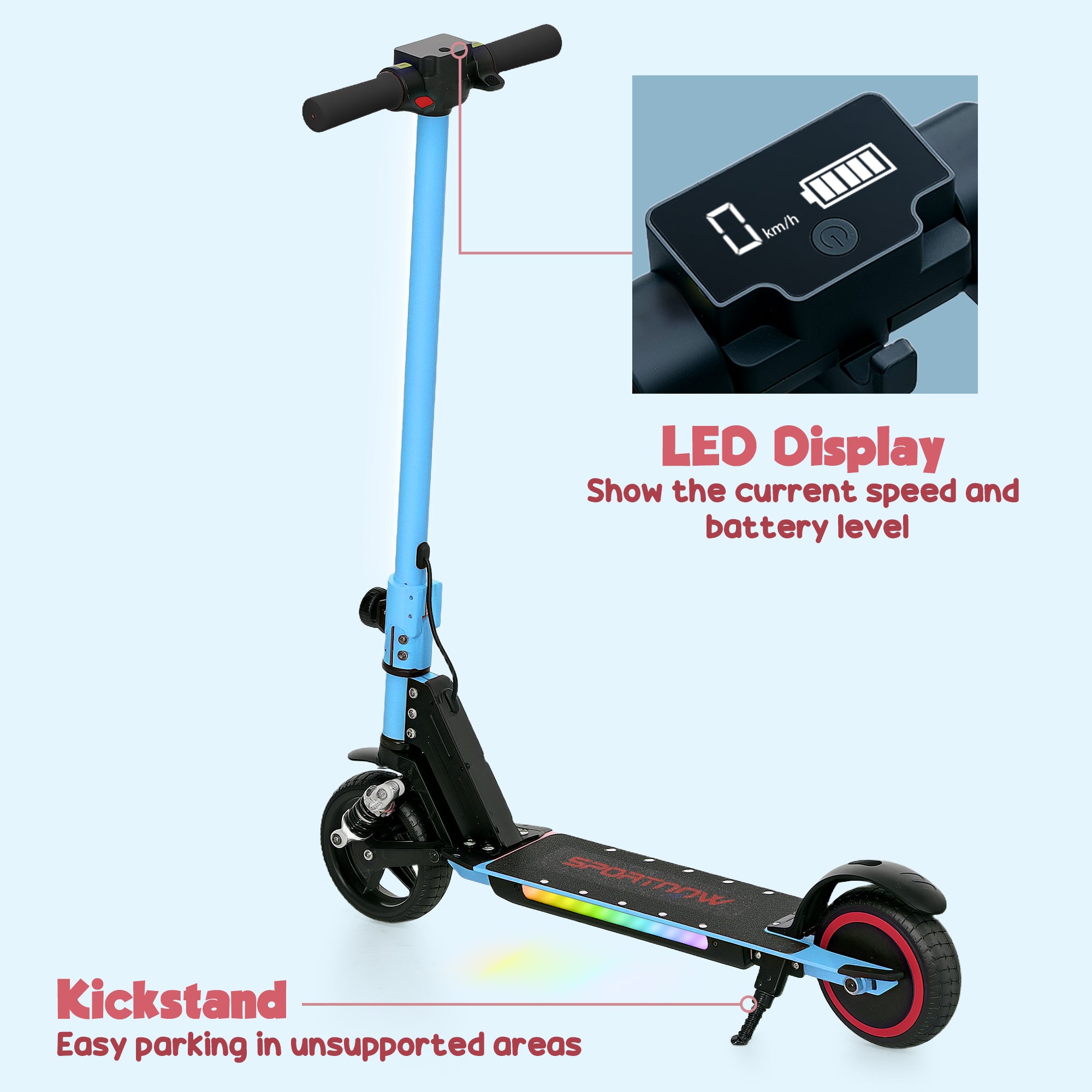 Folding Electric Scooter for Kids 6-14 with Dual Brakes, Front Suspension & LED Lights - Blue