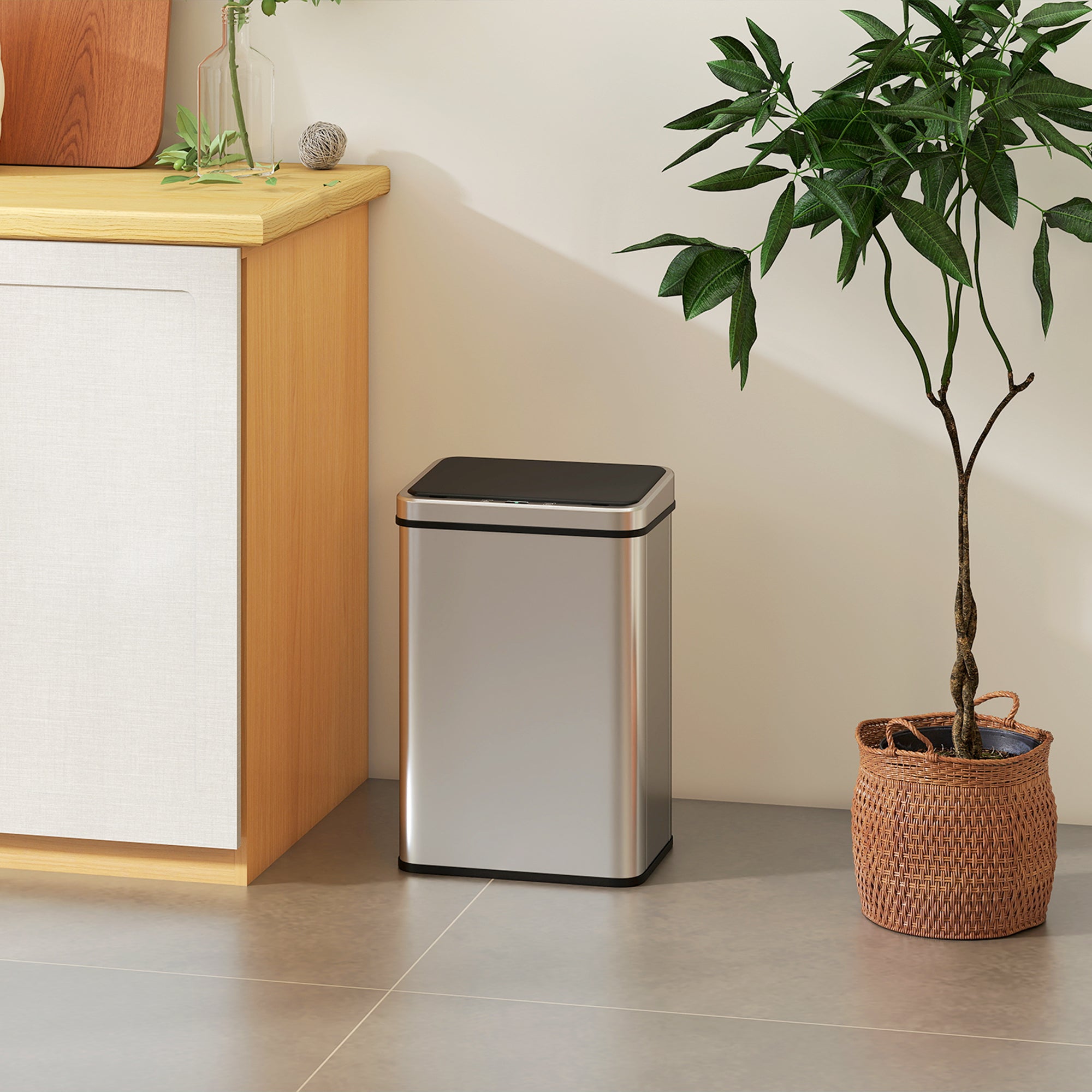 50L Sensor Bin with Soft-Close Lid, Stainless Steel Automatic Touchless Motion Sensor Kitchen Bin, Silver Tone