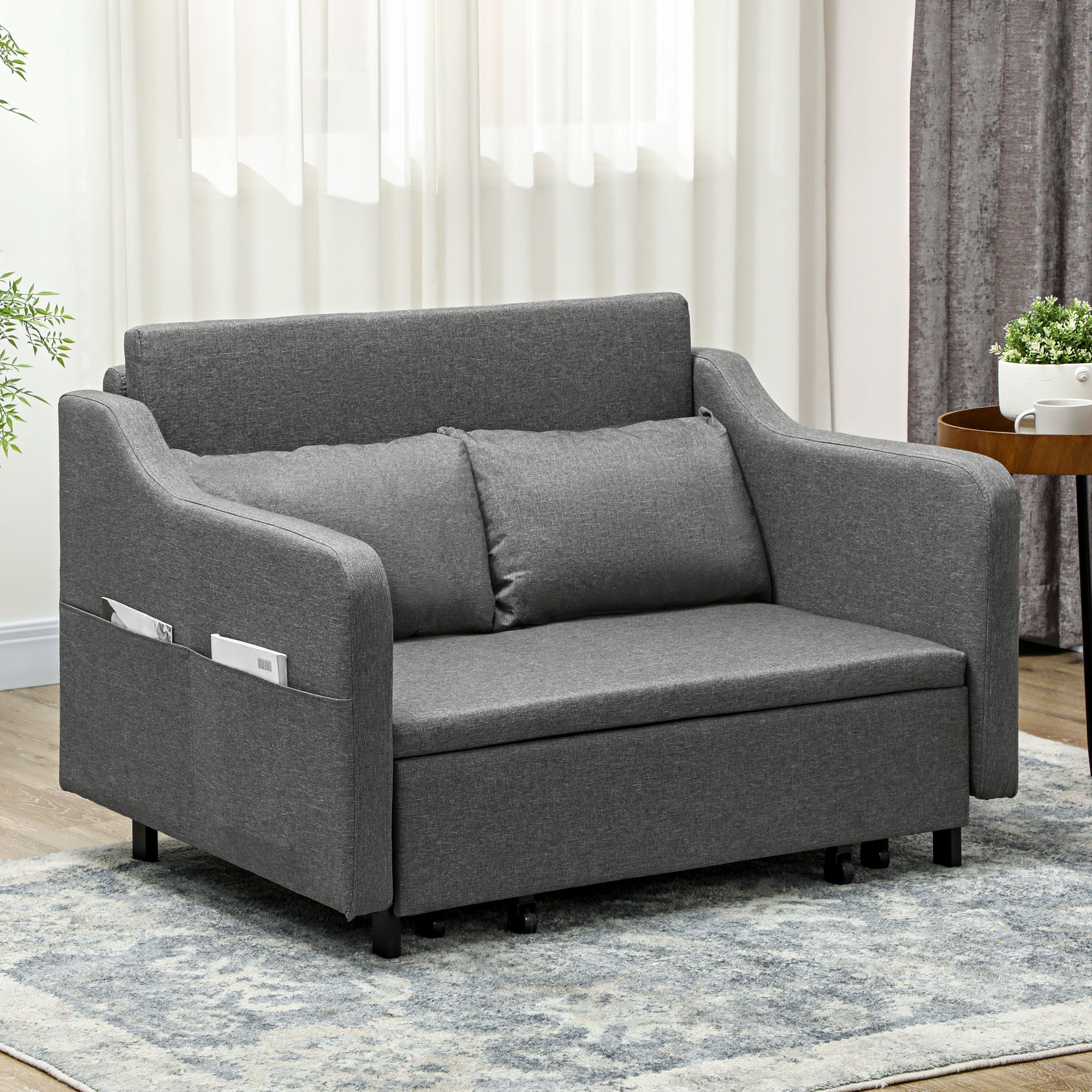Two-Seater Pull-Out Sofa Bed with Pillows and Storage Pockets - Grey