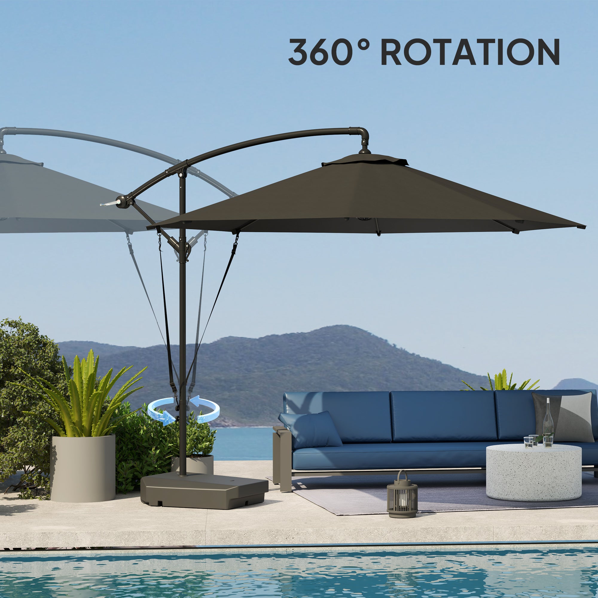 3m Garden Cantilever Parasol with Fillable Base, Wind Straps, Crank Handle & Tilt, UPF50+ Round Hanging Umbrella - Grey