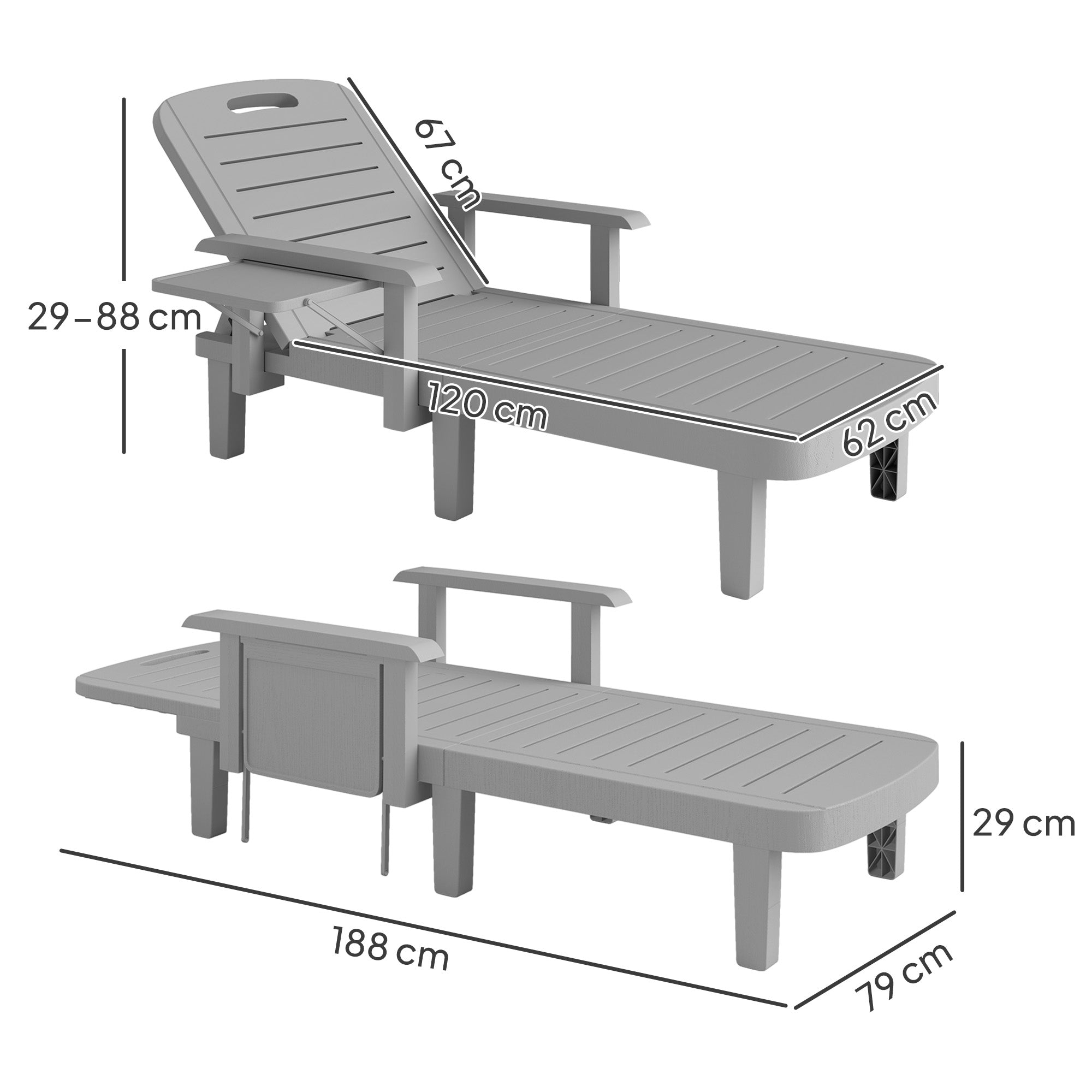 Set of 2 Resin Reclining Sun Loungers for Garden, 5 Positions Adjustable Outdoor Chaise Lounge Chairs with Wood Texture Surface, Armrests, Foldable Side Table for Garden, Beach, Light Grey