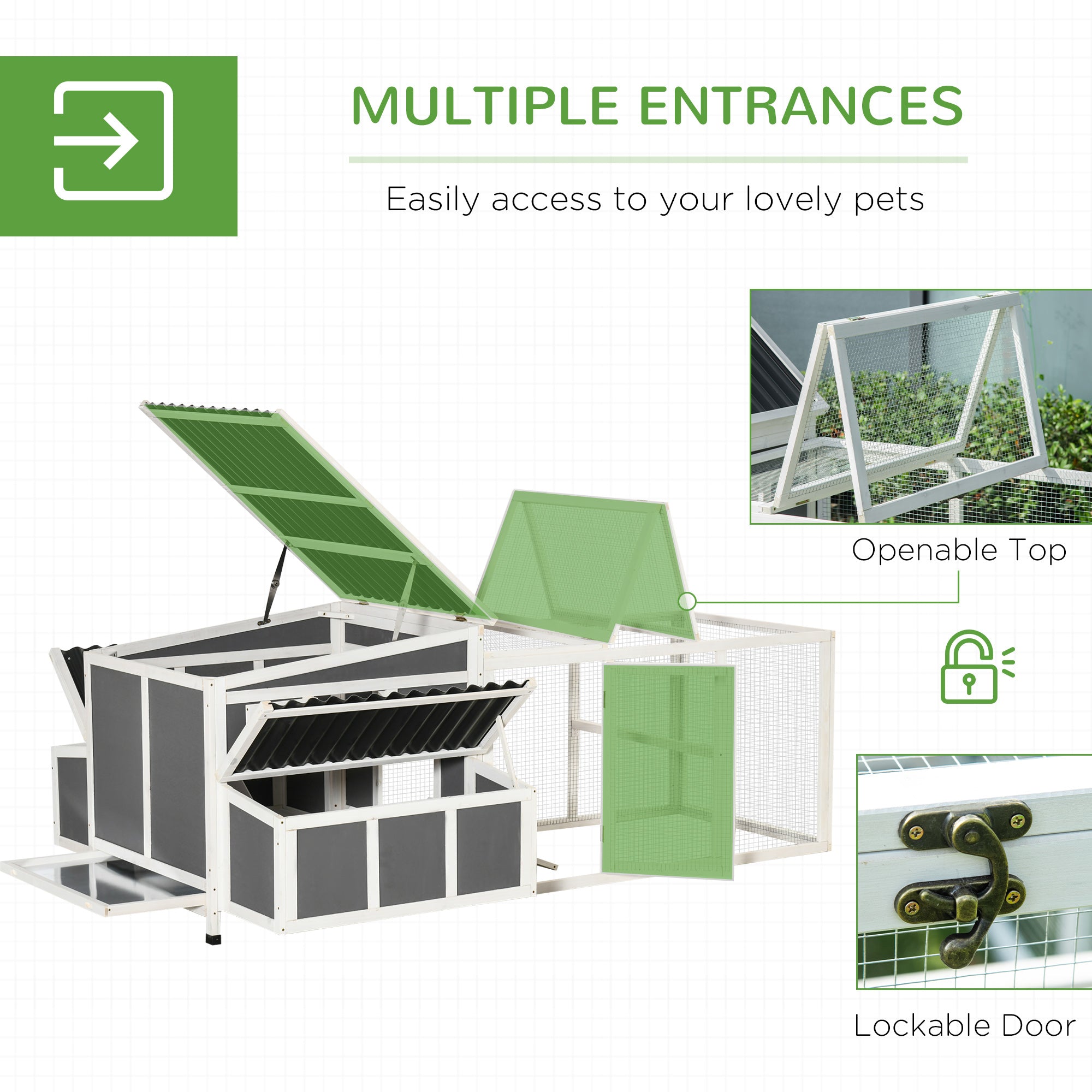 Large Chicken Coop Rabbit Hutch with Run Hen House Poultry Crate with Nesting Box for 6 Chickens Slide Out Tray Perches, 225x147x 85.5cm