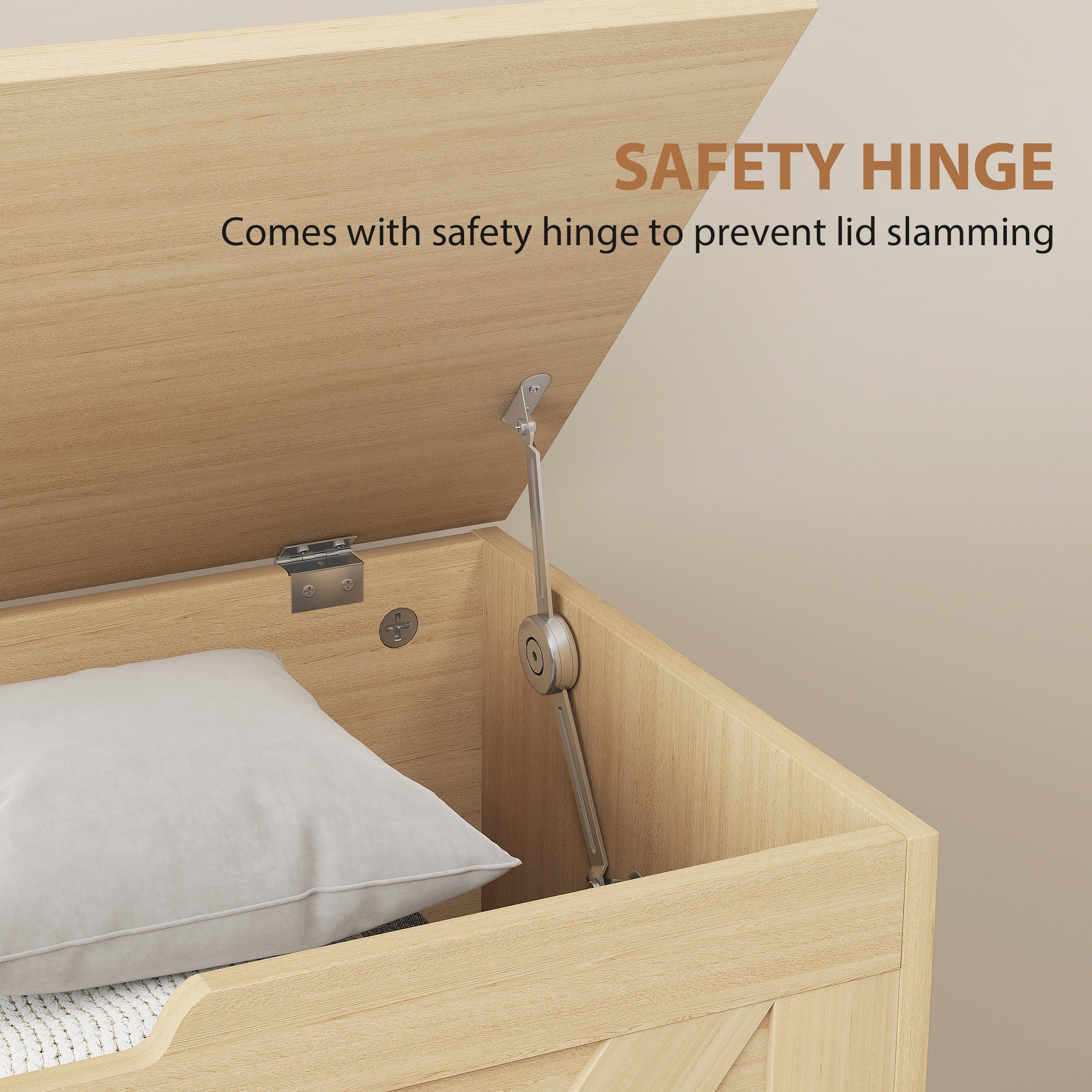 100L Home Storage Box, with Safety Hinges - Natural Wood Finish