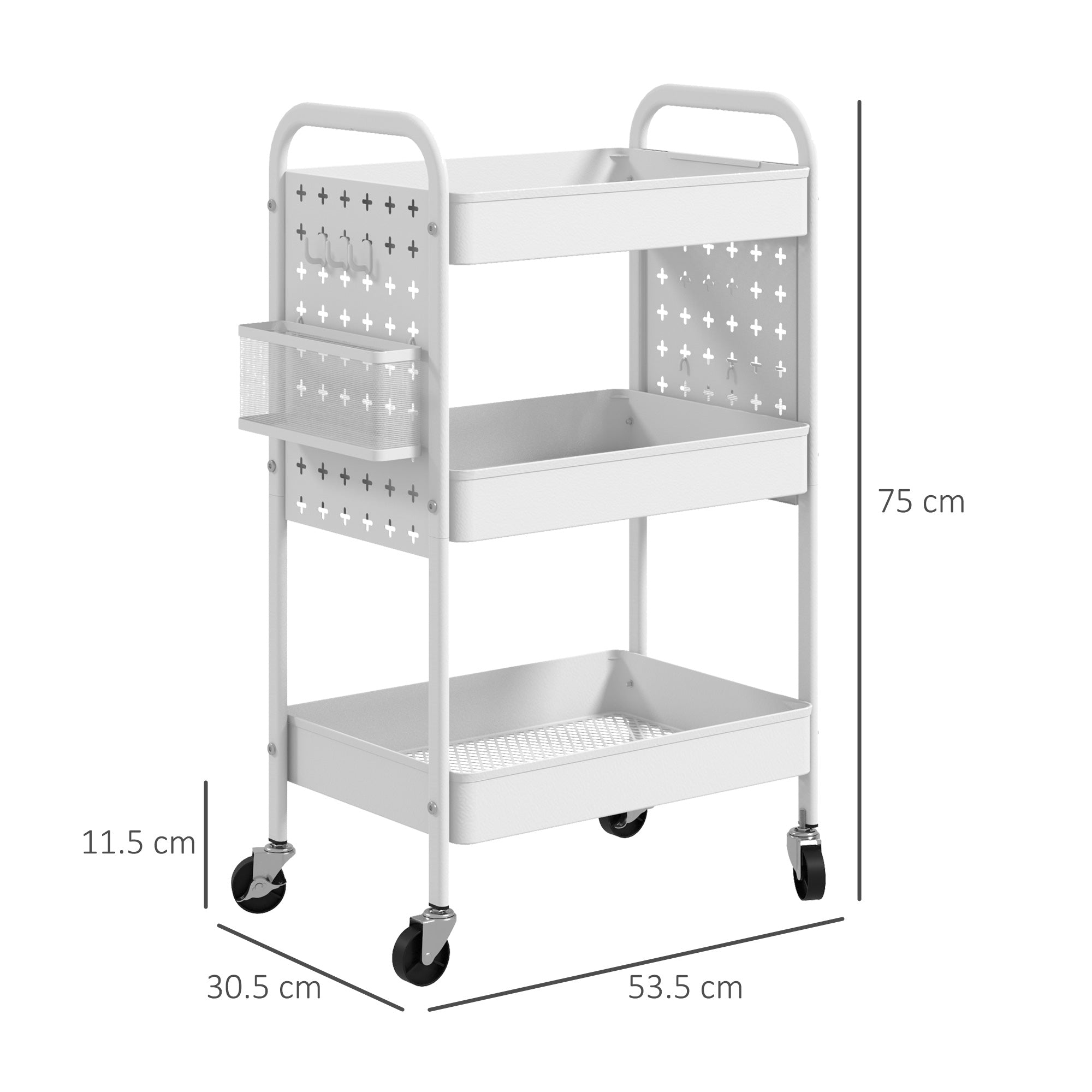 3-tier Storage Trolley on Wheels, Rolling Utility Serving Cart with 3 Mesh Baskets, 2 Hanging Boxes and 6 Hooks for Living Room, Kitchen, White