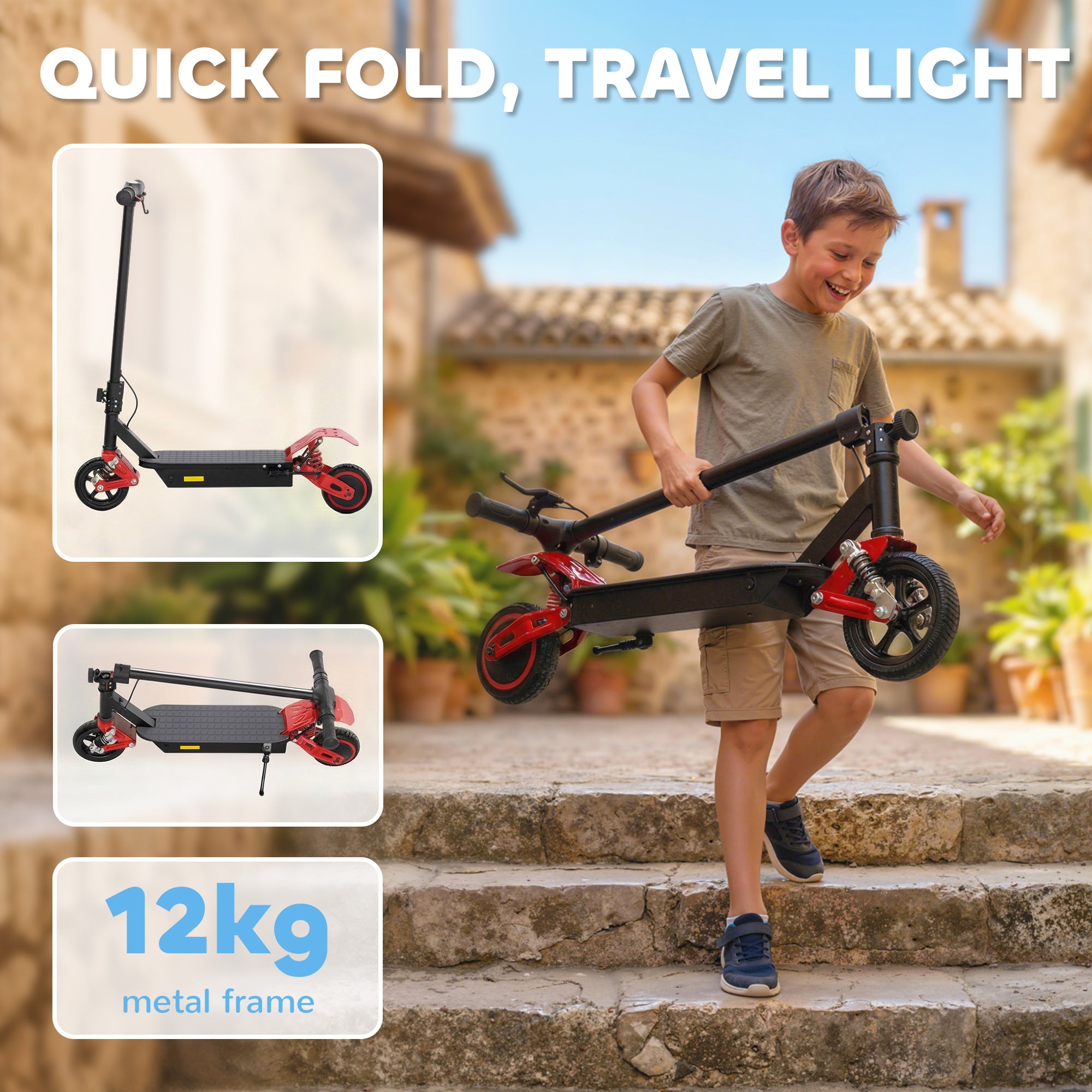 Foldable Kids Electric Scooter with LCD Display, Dual Shock Absorption, Up to 15 KM/H, Max Range 6 KM for Age 6-14, Red