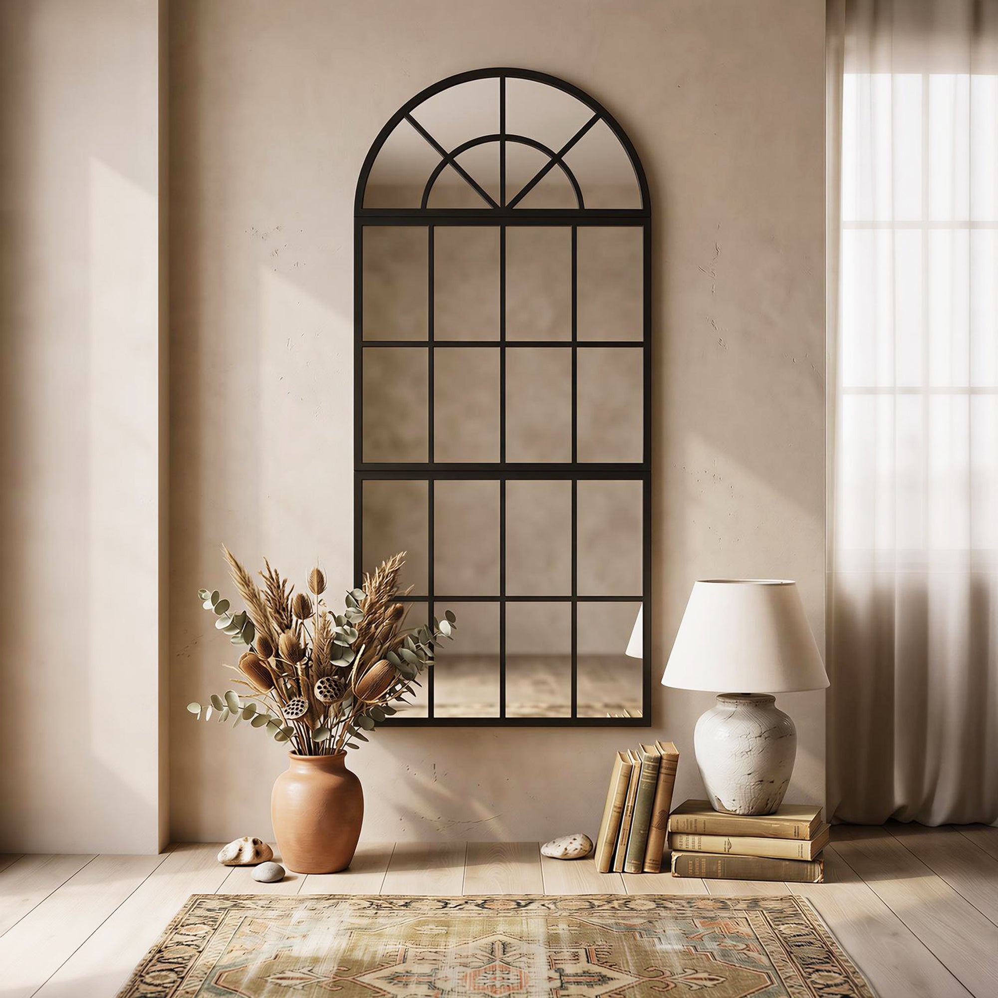 Large Arched Wall Mirror with Metal Grid, 3-Piece Split Window Mirrors, 120 x 54 cm, Black