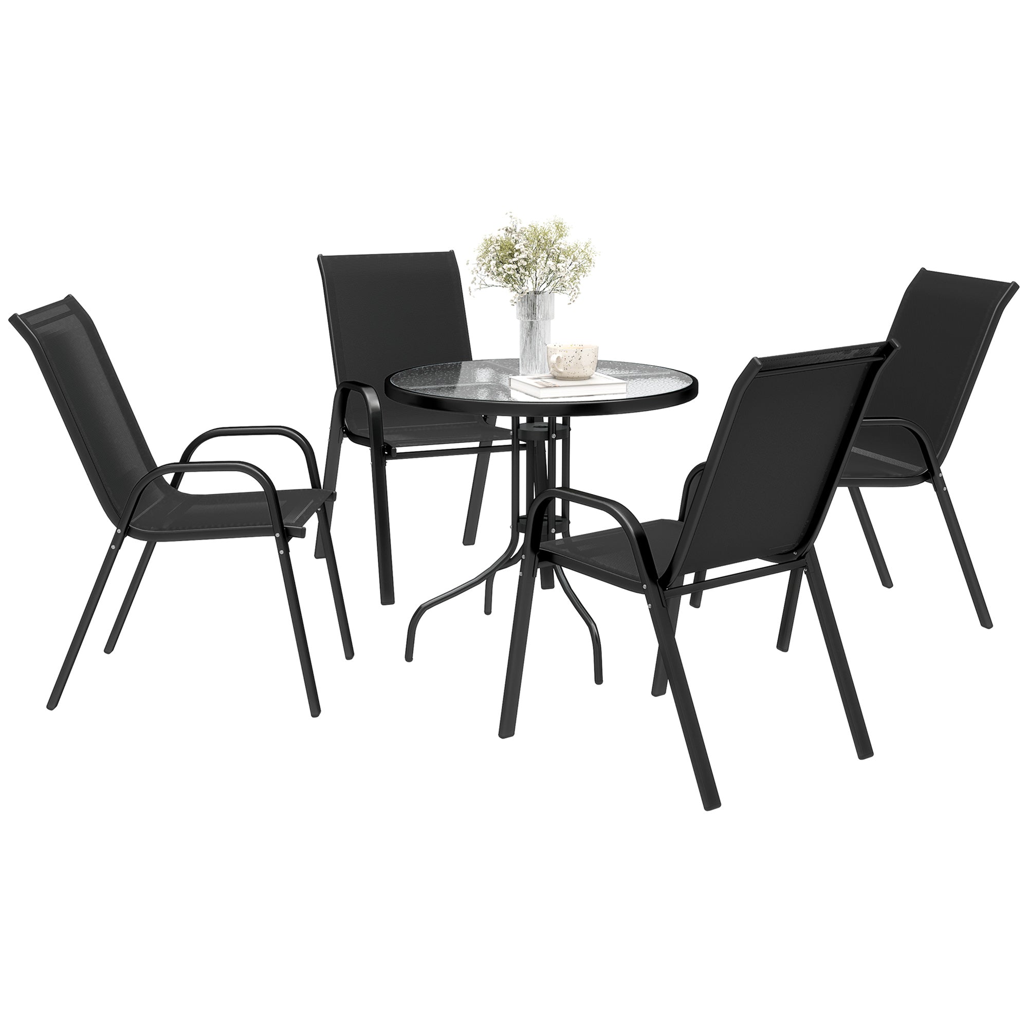 Five-Piece Steel Patio Set, with Glass-Top Table - Black