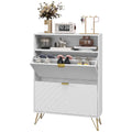 12 Shoe Storage Cabinet with Chevron Indents and Gold Tone Accents - White