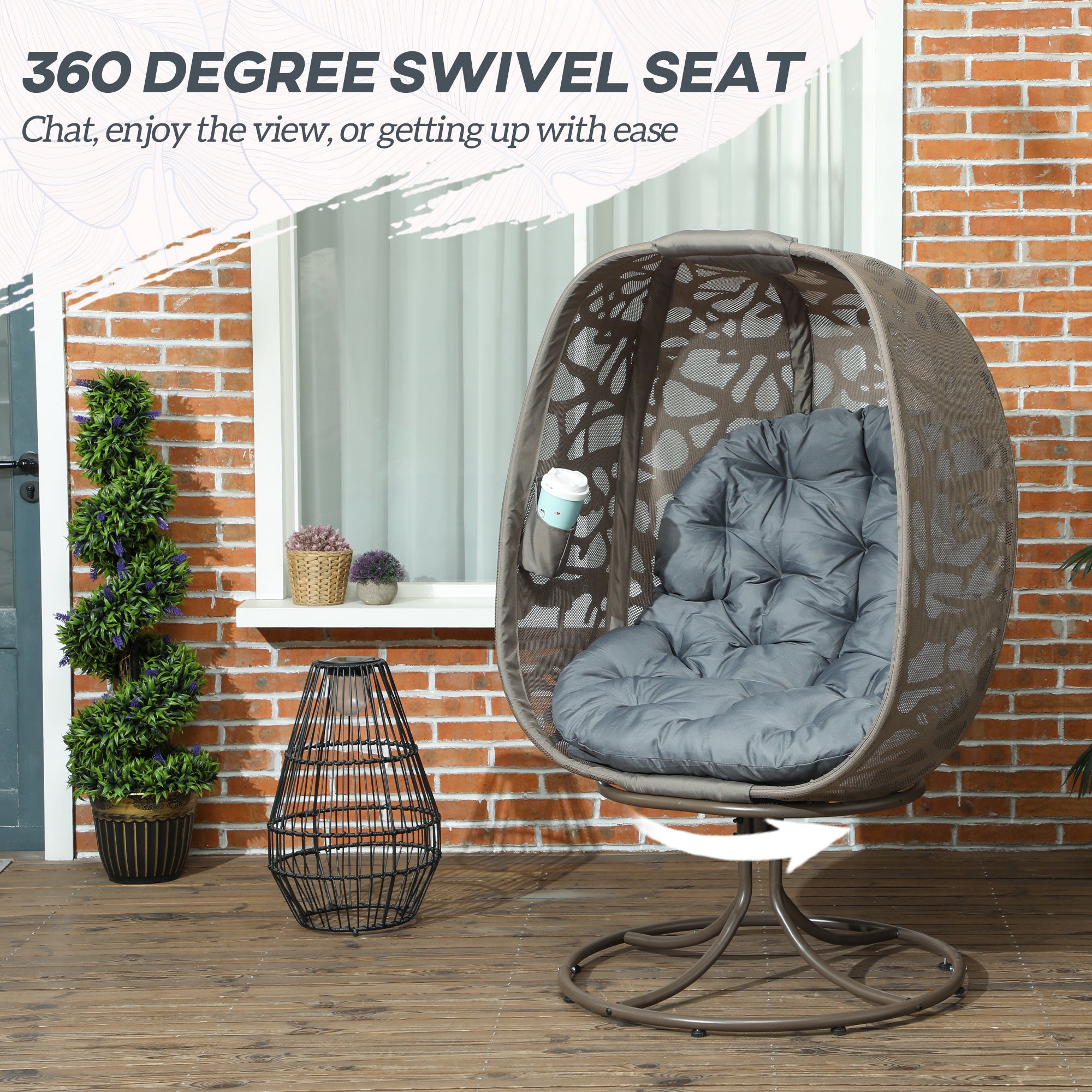 Swivel Egg Chair with Cushions and Metal Frame - Grey