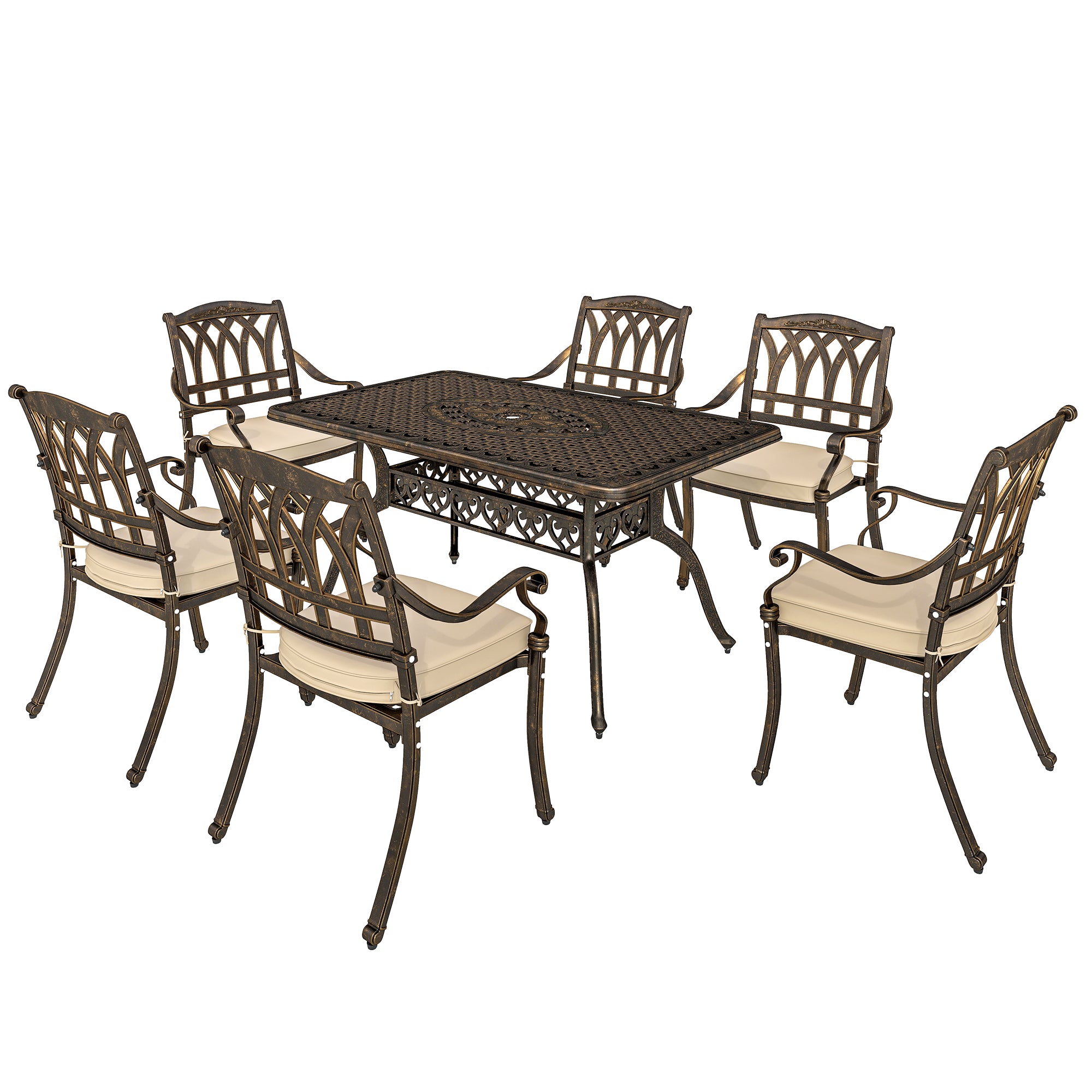 7 Piece Cast Aluminium Garden Dining Set with Floral Design - Bronze Tone