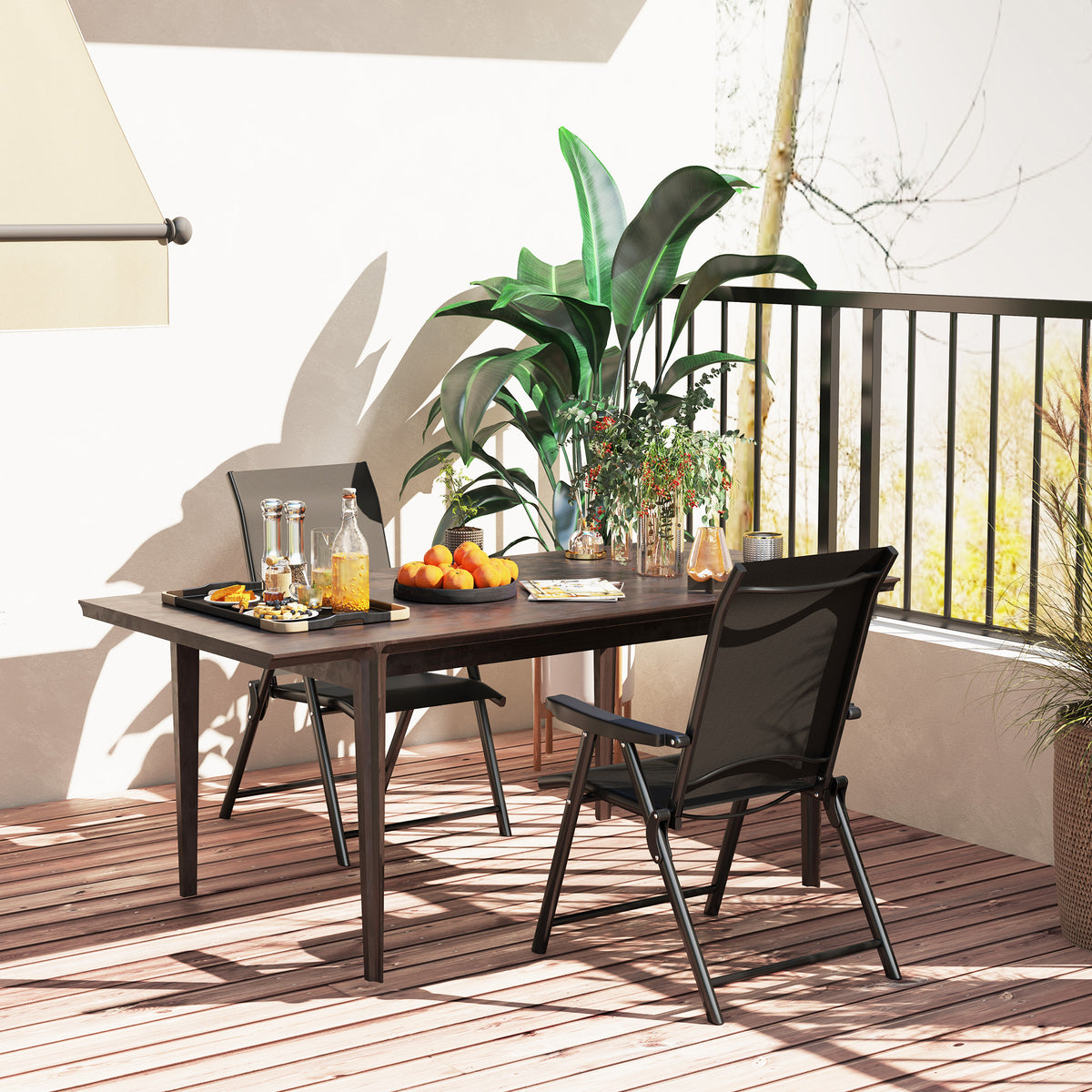 Set of 2 Folding Outdoor Chairs with Breathable Mesh Seats and Armrests - Black