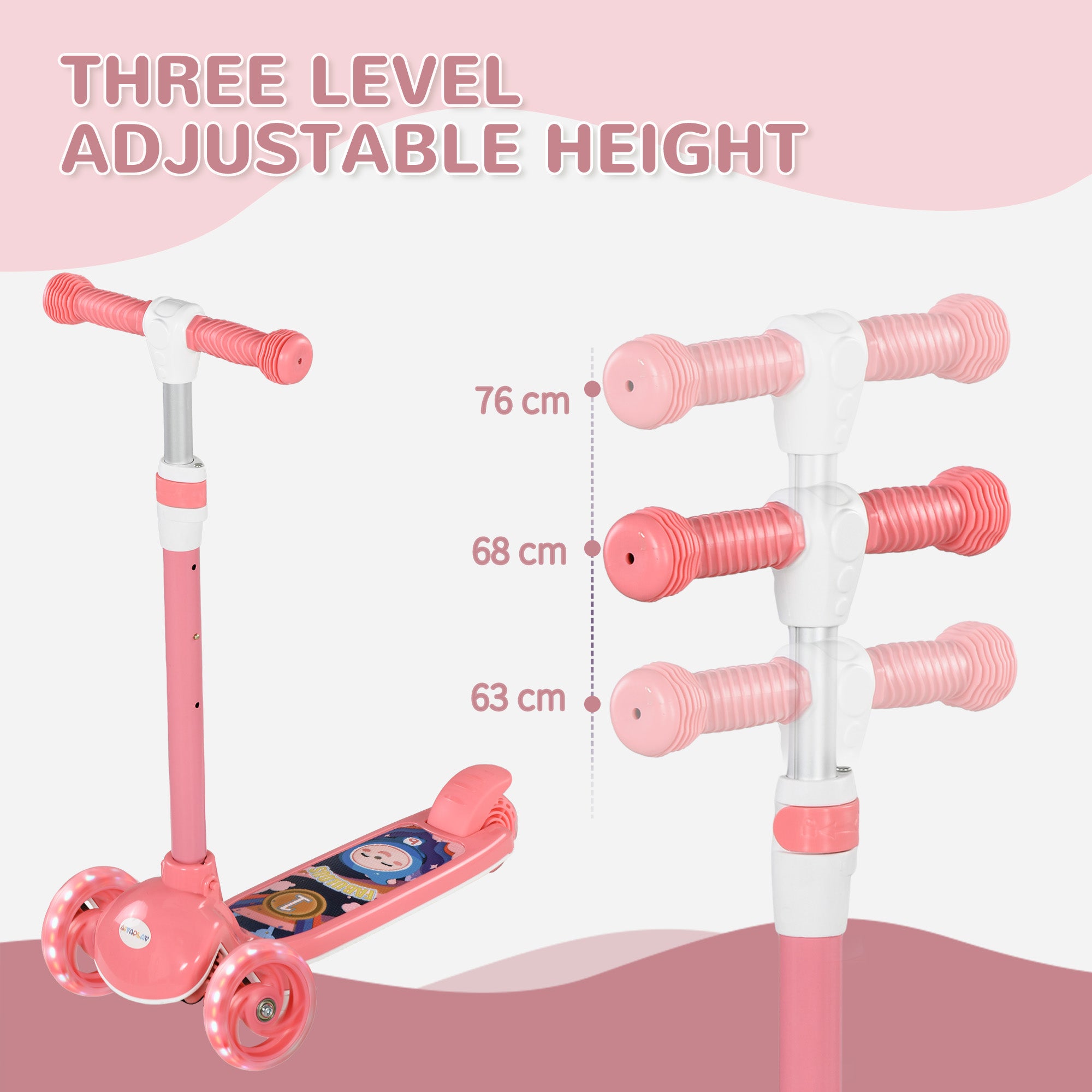 Kids 3 Wheel Scooter for 2-6 Years Old w/ Adjustable Height, LED Light, TPE Handlebar, Pink
