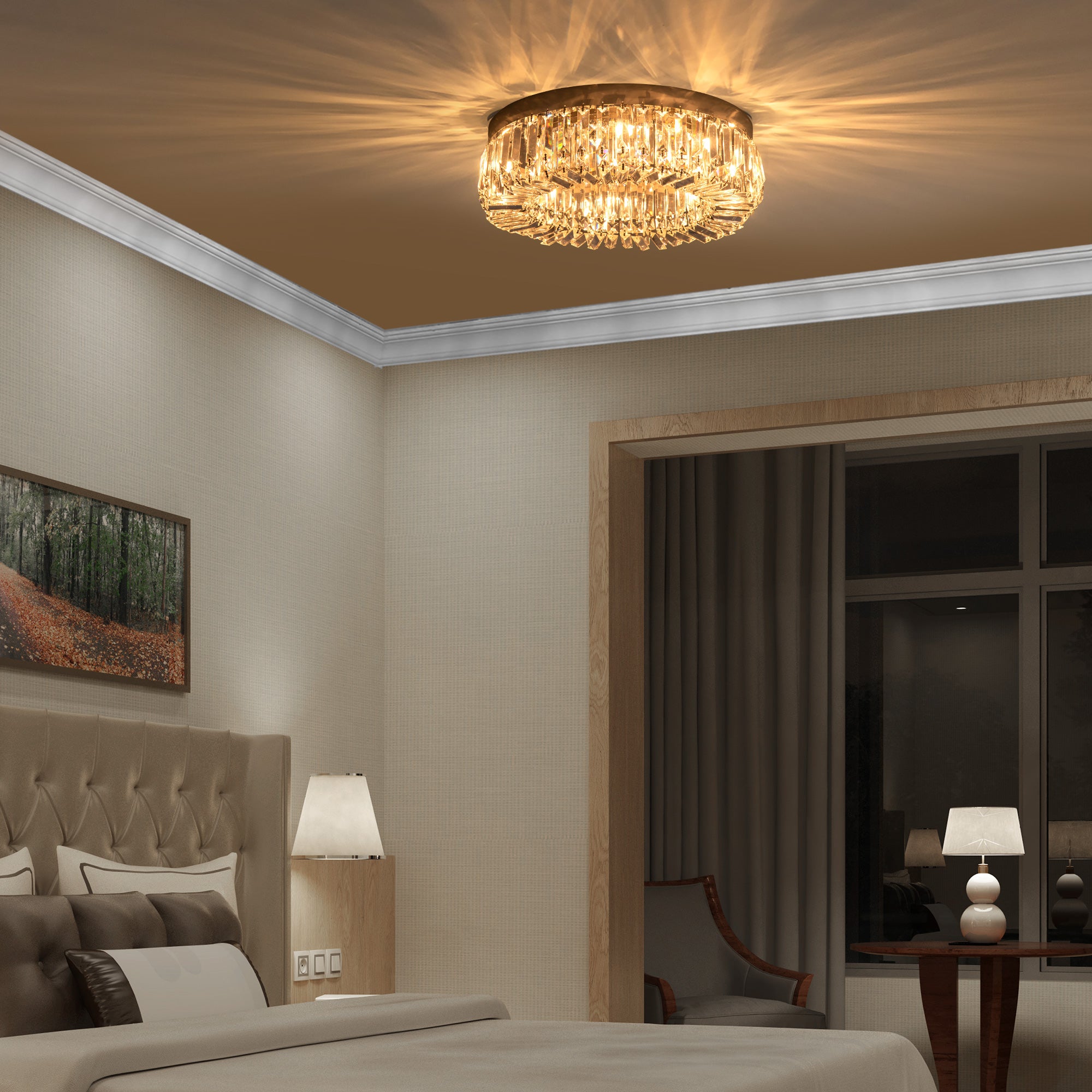 Crystal Ceiling Lights Set of 2, Modern Flush Chandeliers with Stainless Steel Base, Pendant Lights for Living Room Bedroom Dining Room, Silver Tone