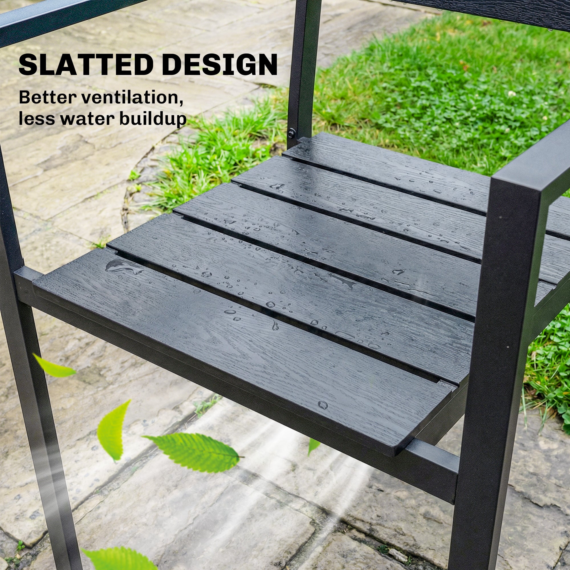 Stackable Garden Chairs Set of 4, Garden Dining Chairs with Slatted HDPE Seat Back, Armrests, Metal Frame, Black