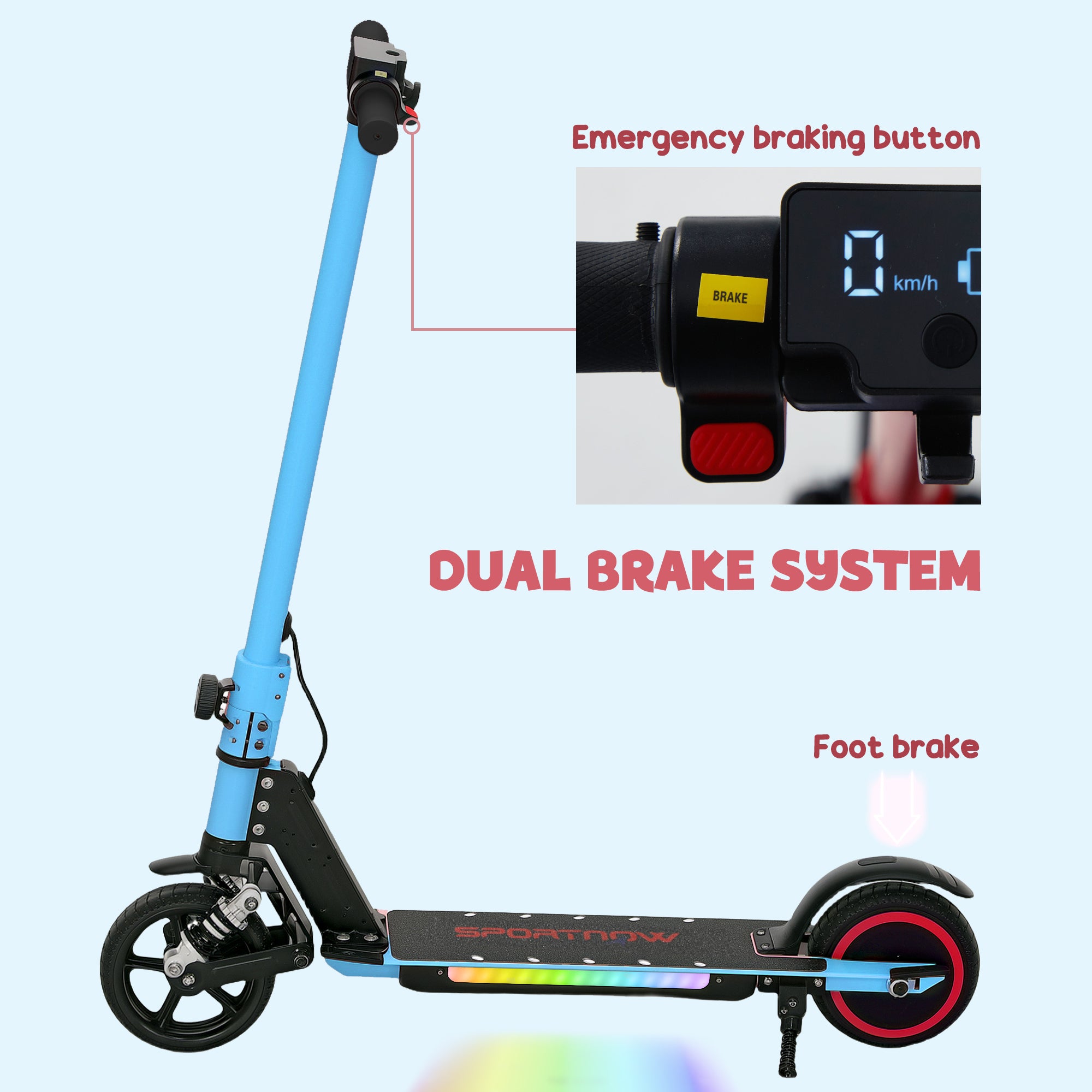Folding Electric Scooter for Kids 6-14 with Dual Brakes, Front Suspension & LED Lights - Blue