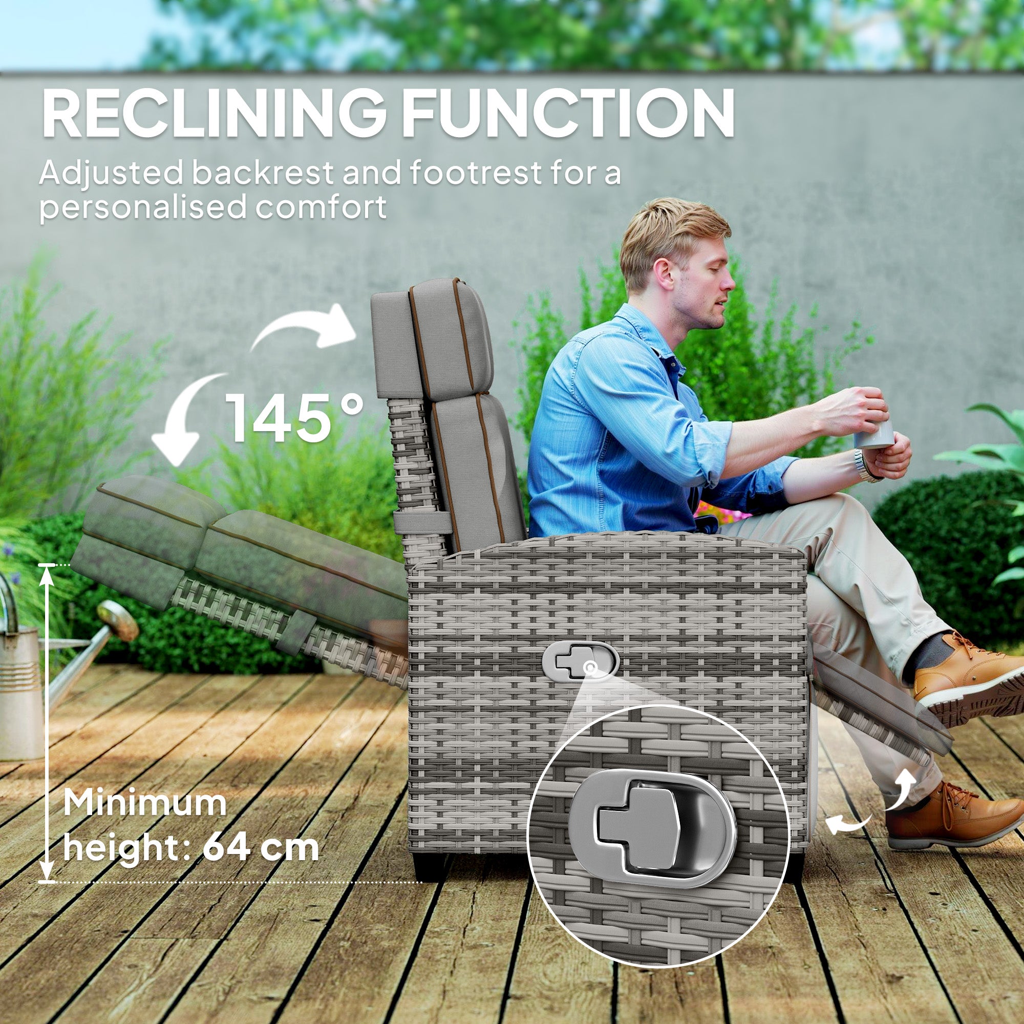 Rattan Garden Recliner Chair, Adjustable Backrest Reclining Rattan Chair with Flip Table, Cushion and Footrest, Indoor Outdoor Lounge Reclining Sun Lounger for Patio, Mixed Grey/Grey