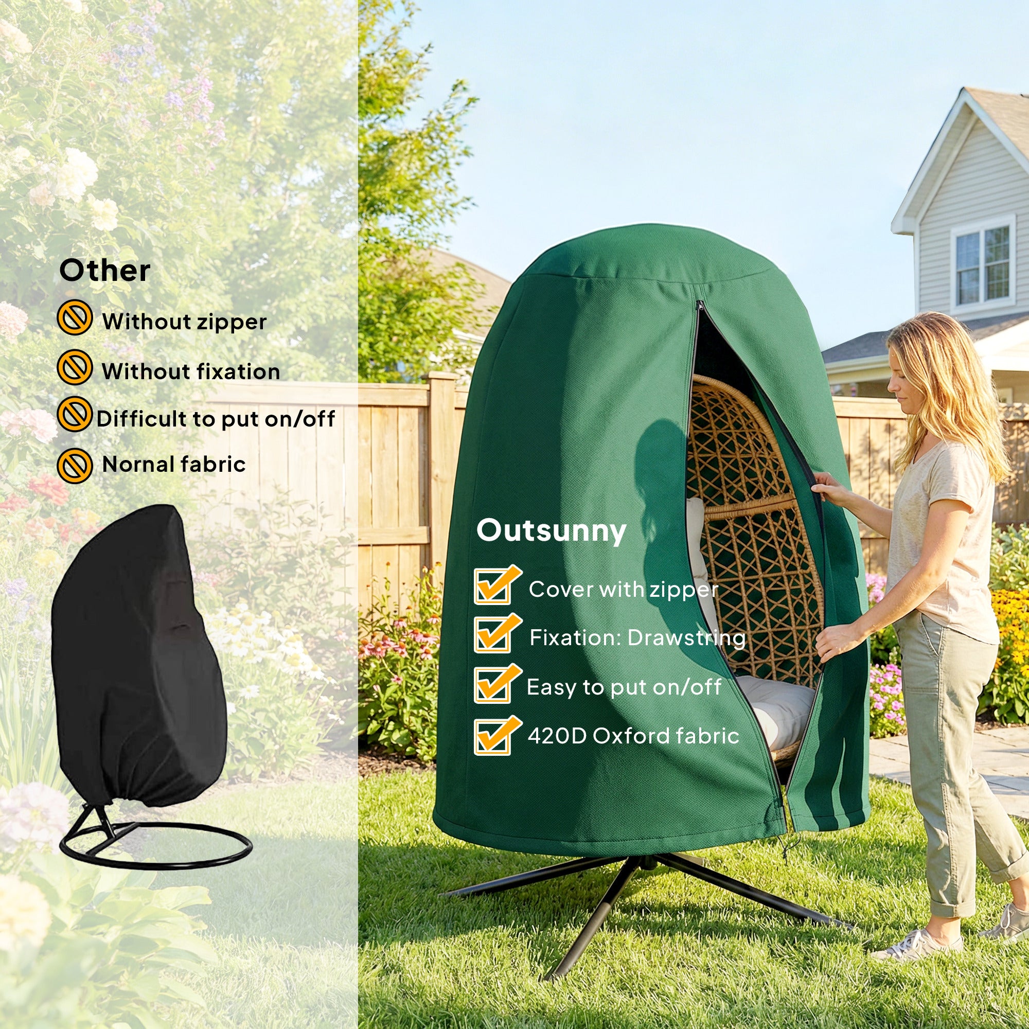 190 x Φ128cm Hanging Egg Chair Furniture Cover - Green