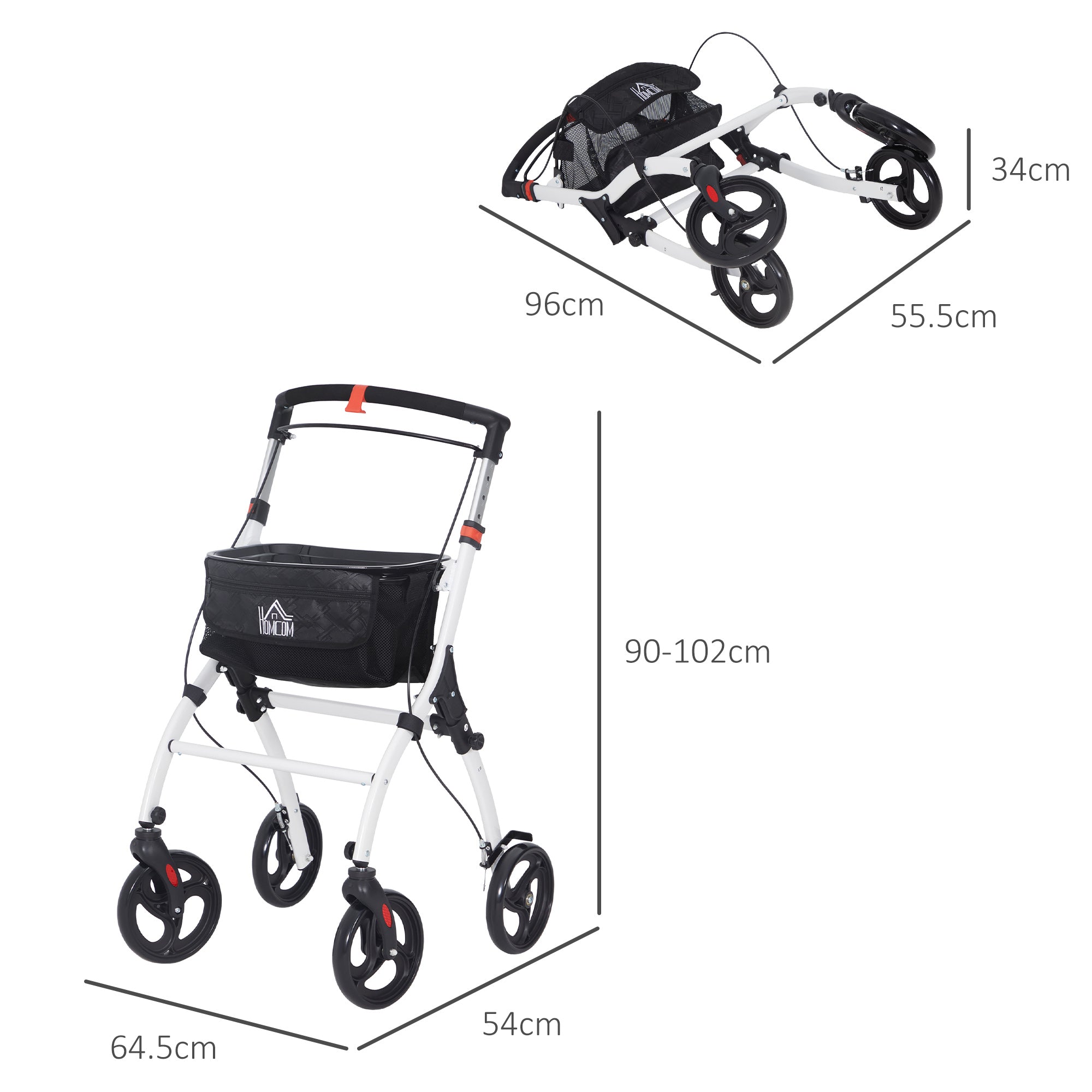Folding Upright Rollator Walker with Lightweight Walking Frame, Storage Bag, Tray, Dual Brakes, Adjustable Handle Height, Mobility Aid Rolling 4 Wheeled Walker for Seniors, White