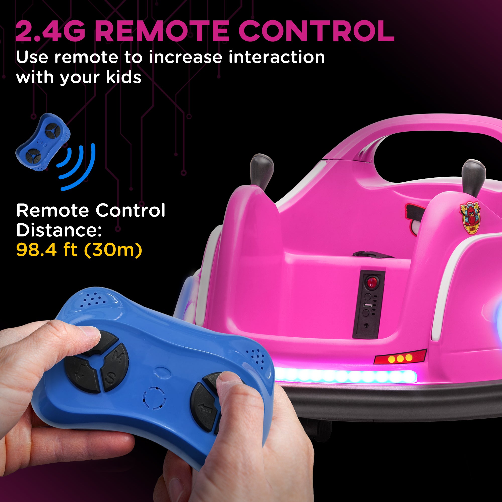 Angry Bird Licensed Waltzer Car, 12V Kids Bumper Car w/ Joysticks, Remote, Music LED Lights - Pink