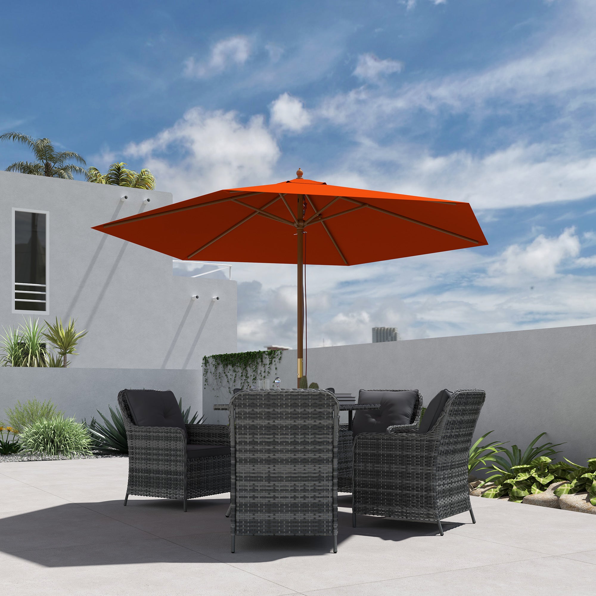 2.5m Wooden Garden Parasol Sun Shade Patio Umbrella Canopy - Orange