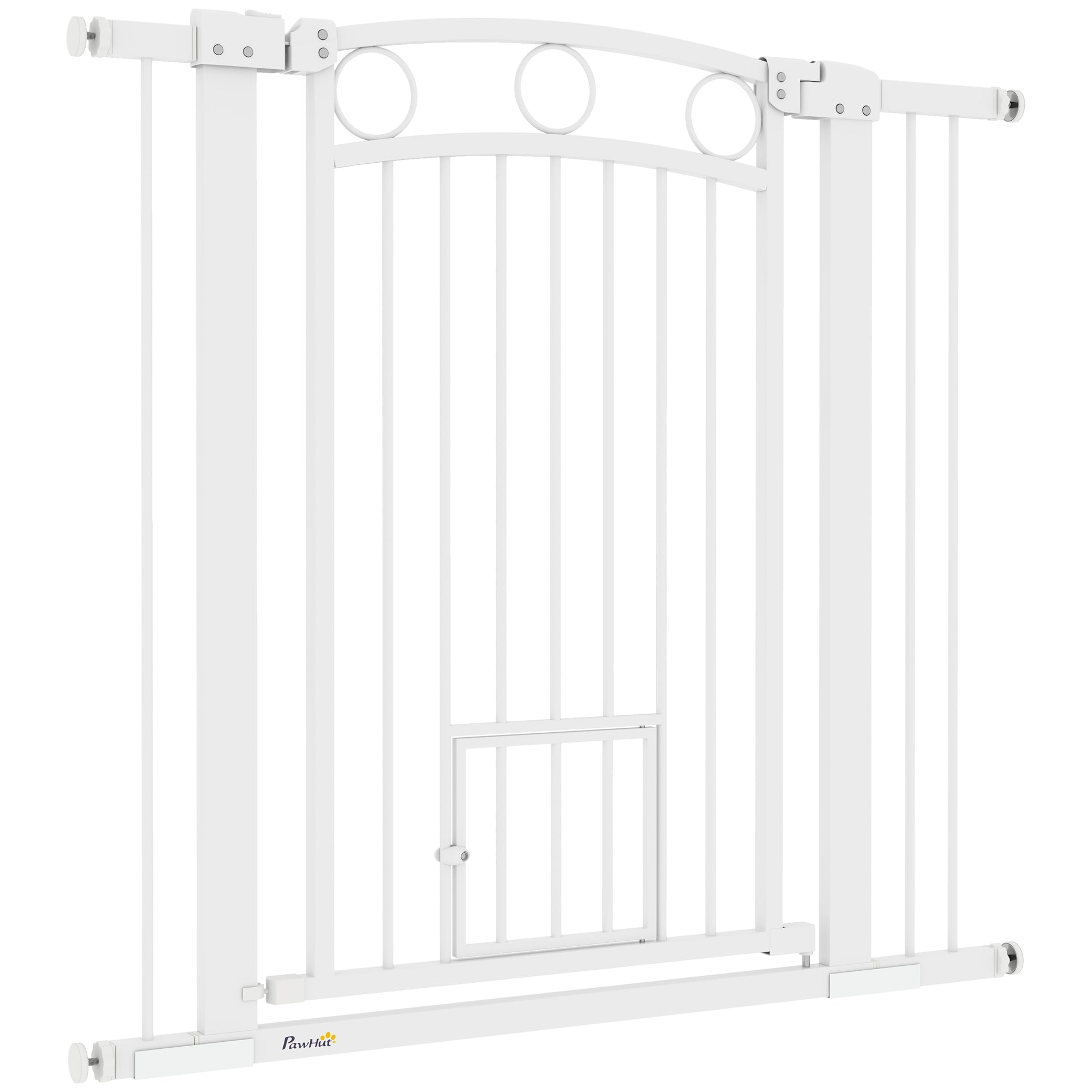 96cm Tall Dog Gate with Cat Door, 7cm and 14cm Extensions, for Stairs & Doorways, 76-104cm Width