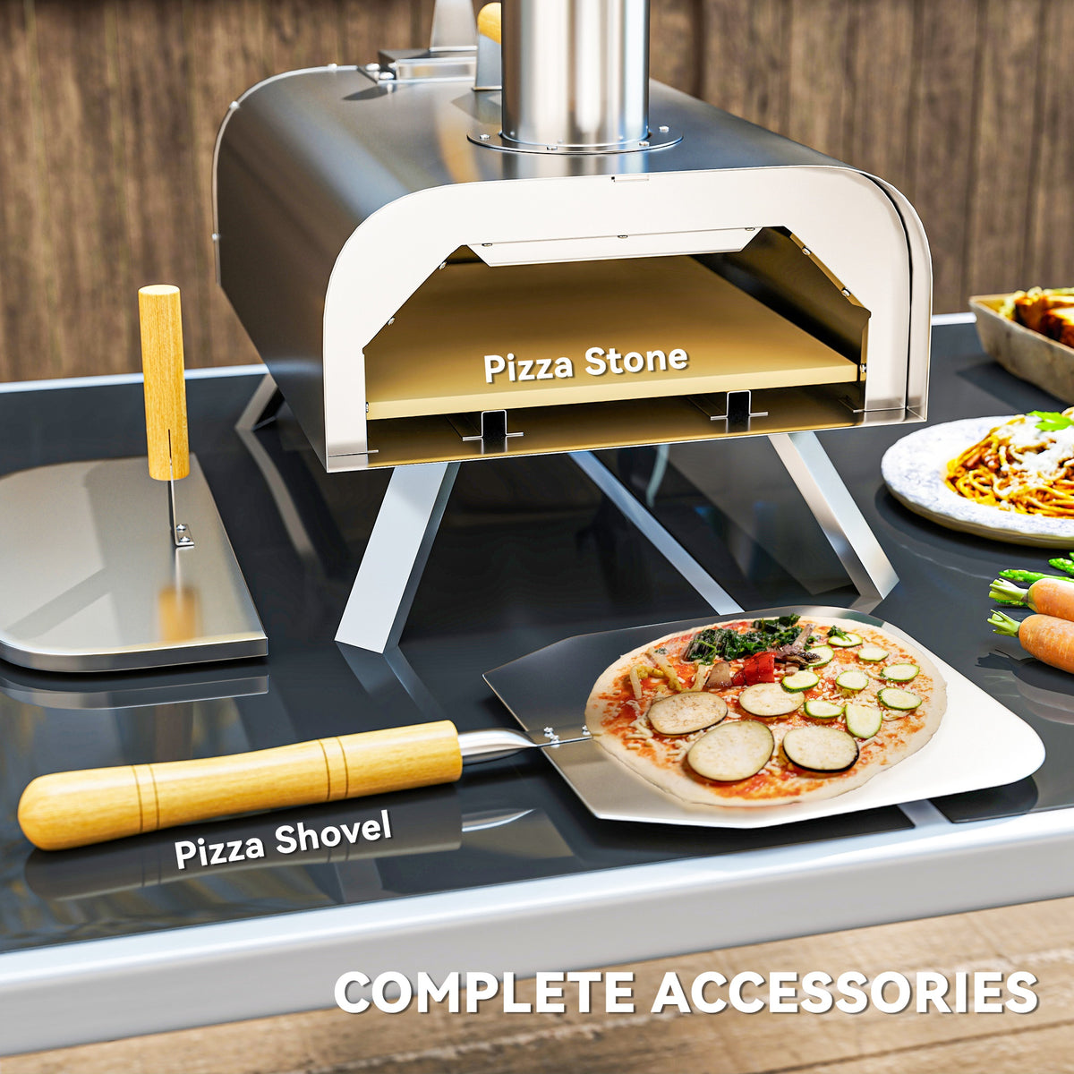 12 Inch Portable Wood Fired Pizza Oven with Foldable Legs and Stainless Steel Body - Silver Tone