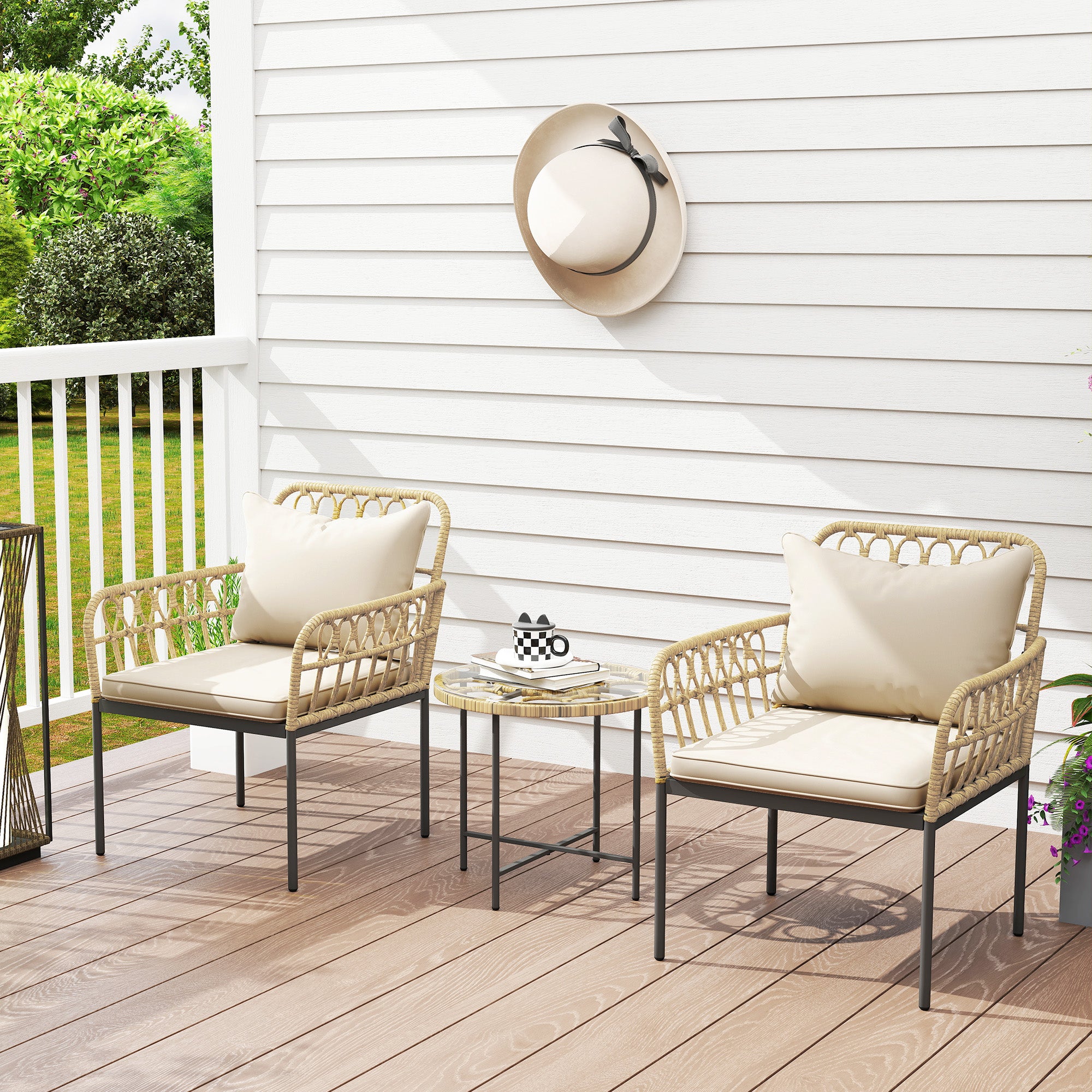 3 Piece Rattan Bistro Set, Wicker Garden Furniture Set with Cushions, Glass Top Coffee Table and Chairs for Outdoor, Patio, Balcony, Beige