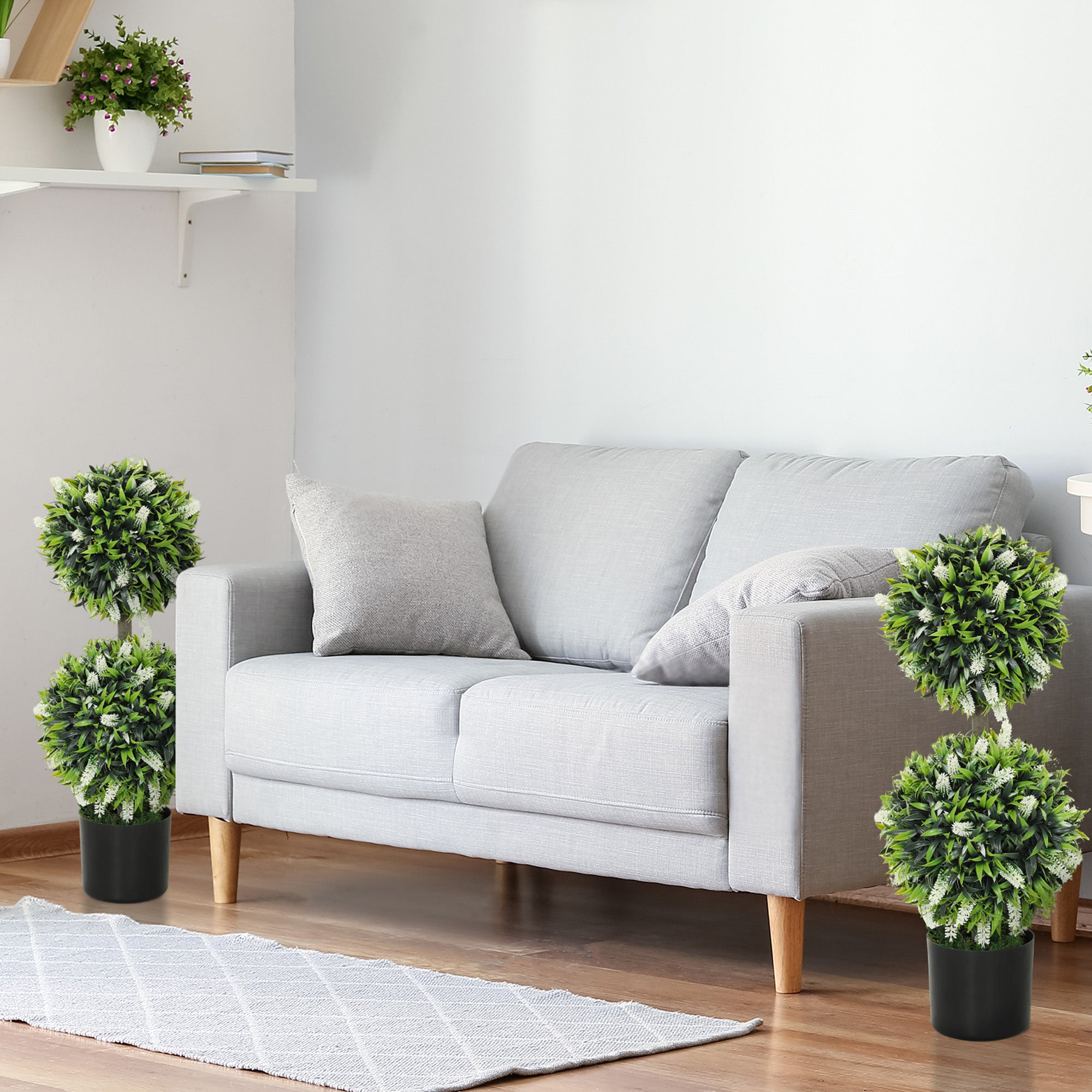 Set of 2 Artificial Decorative Ball Trees with Lavender Flowers, 70cm - White