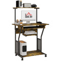 Multi-Storage Work Desk with Sliding Keyboard Tray and Wheels - Brown/Black