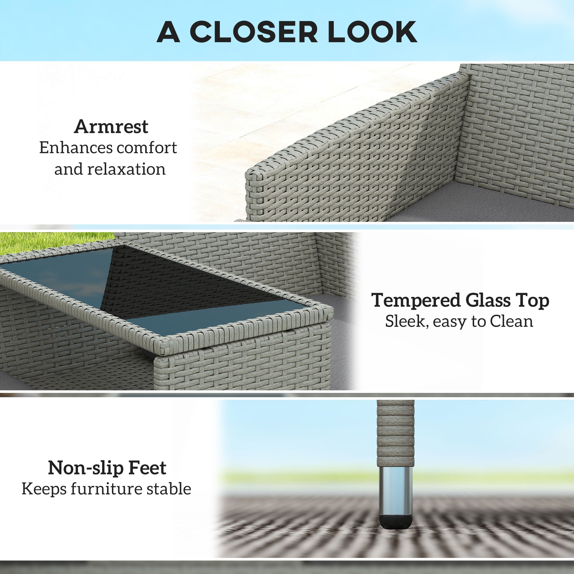 2-Seater PE Rattan Outdoor Garden Bench w/ Centre Table Grey