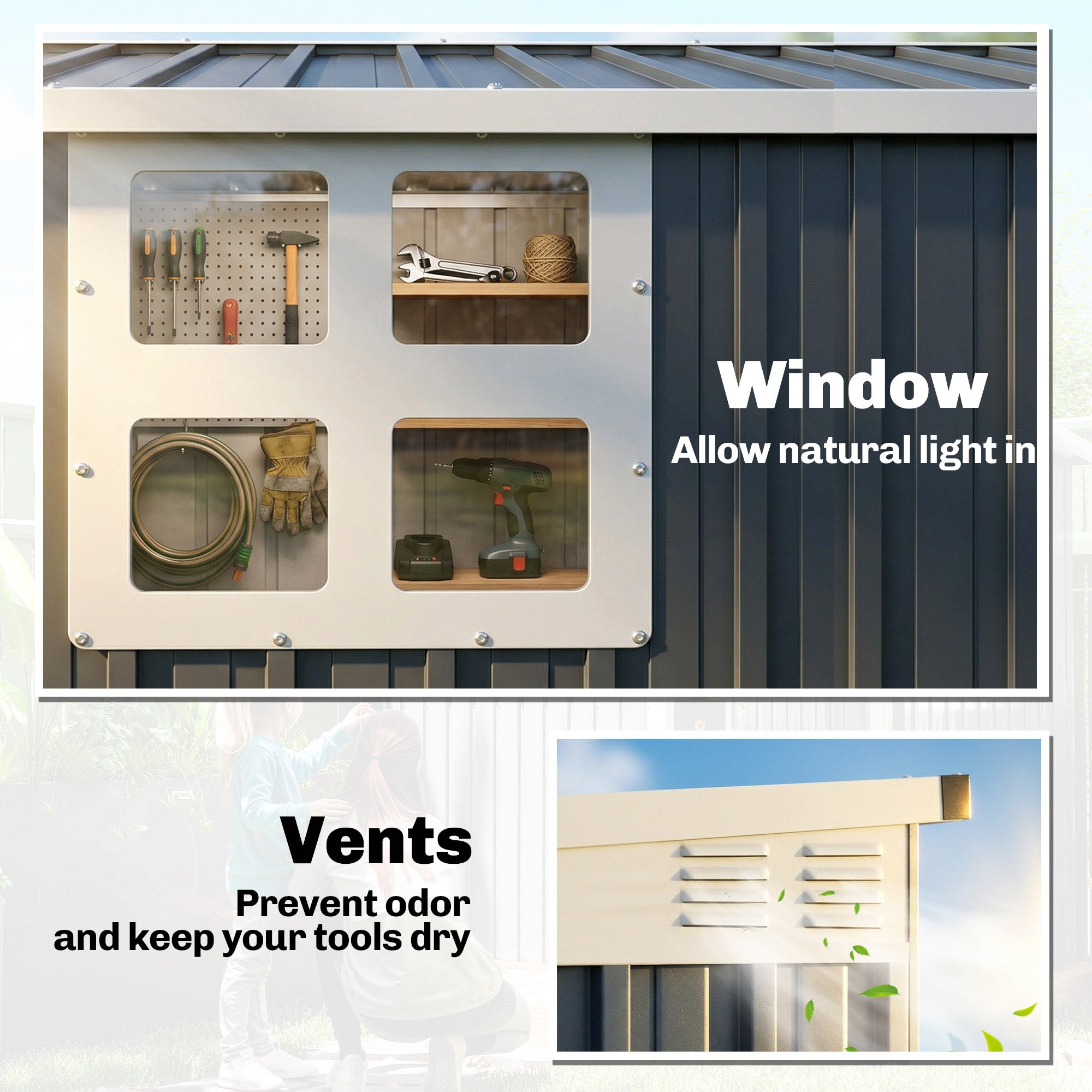 7.6 x 4ft Garden Metal Shed, Outdoor Storage Shed with Window, 2 Vents and Lockable Door for Garden, Patio, Dark Grey