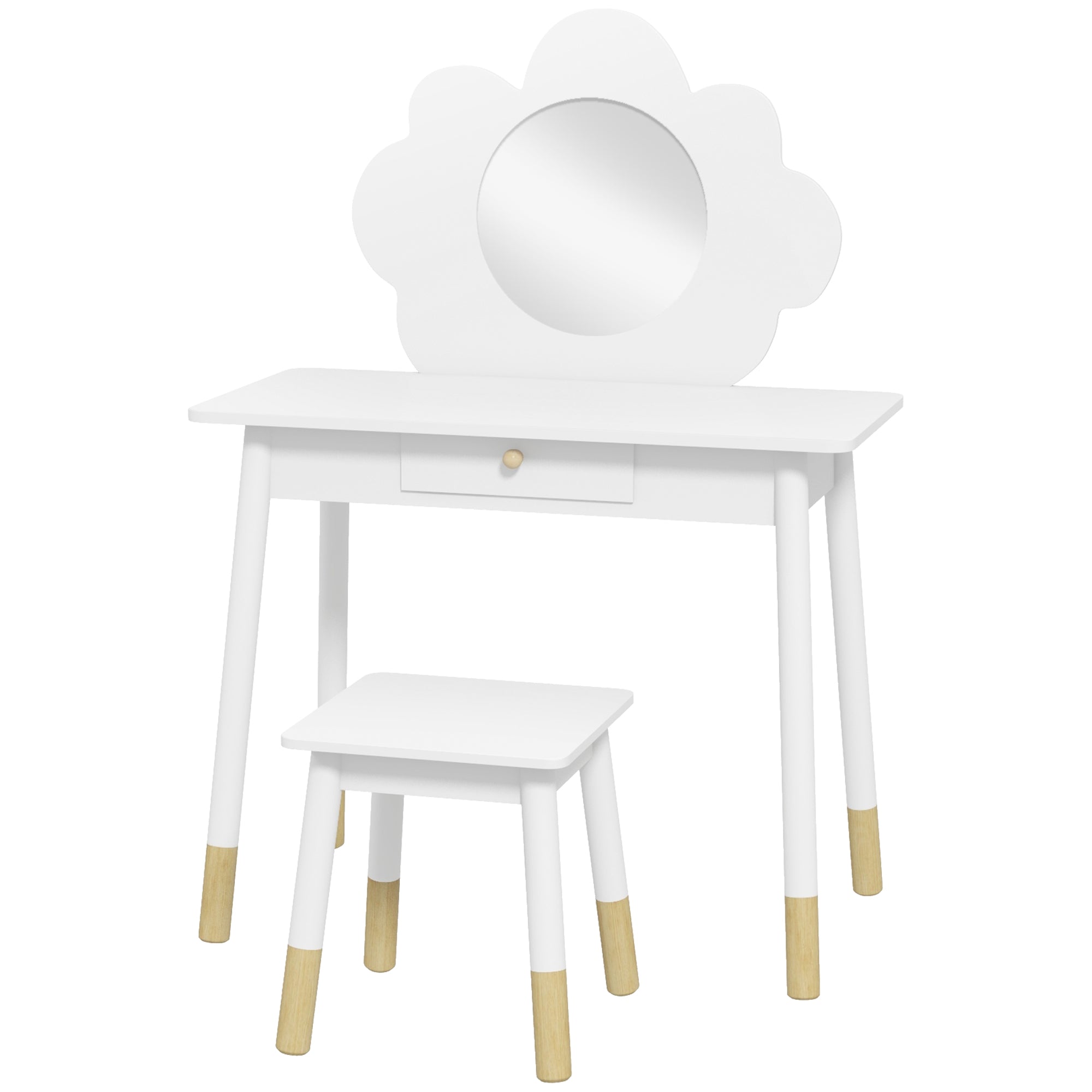 Kids Dressing Table with Mirror, Stool, Drawer, Cloud Design, White