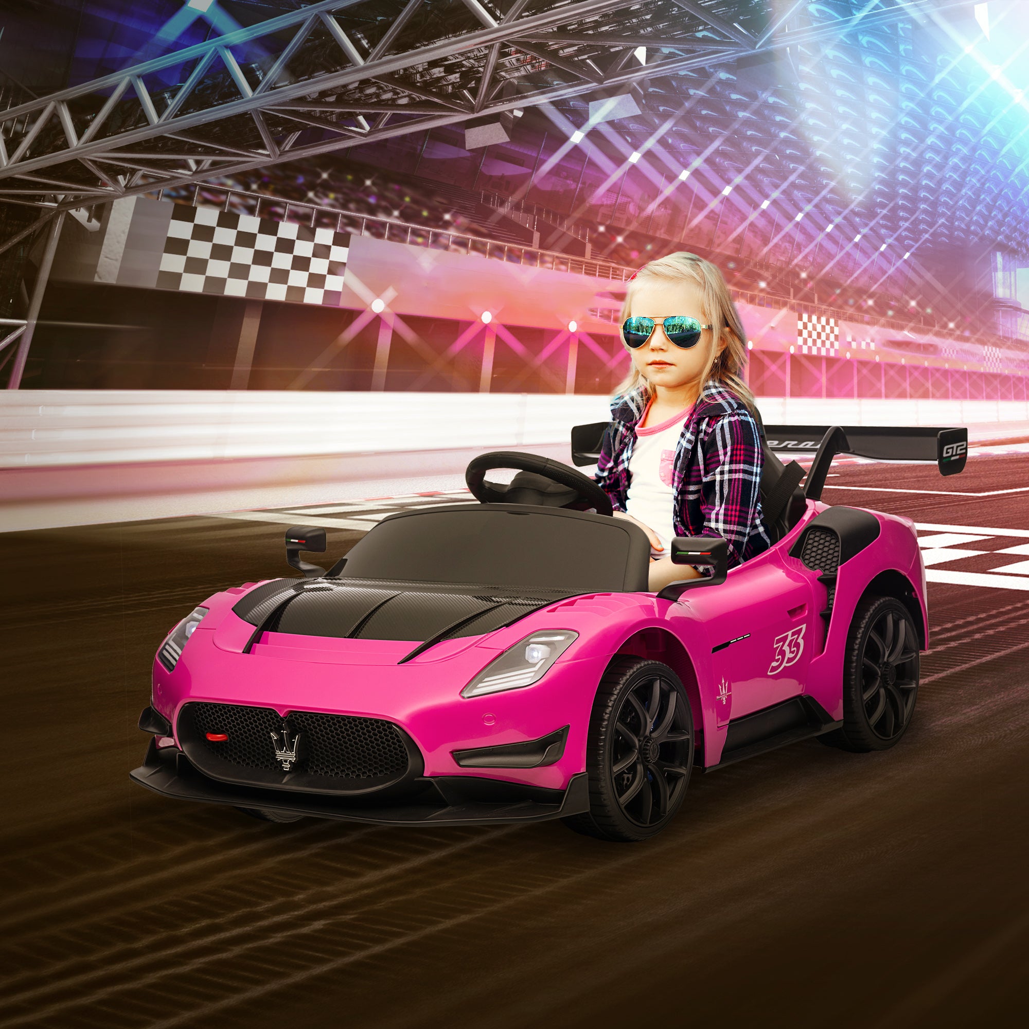 Maserati GT2 Licensed 12V Kids Electric Ride on Car with 4 Suspension, Remote Control Music Horn Lights - Pink