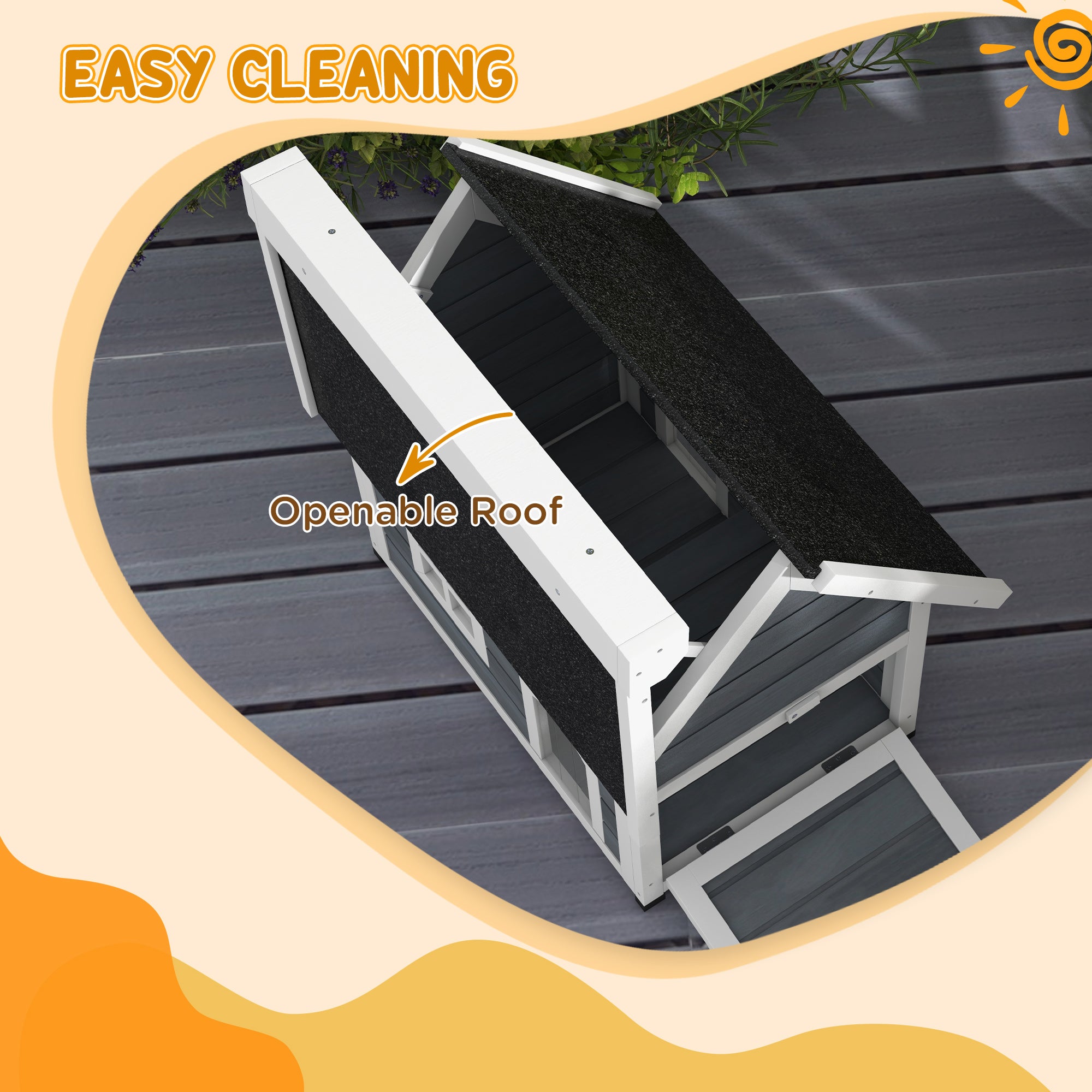 Outdoor Cat House, Wooden Feral Cat Shelter, with Openable Asphalt Roof, Three Doors - Grey