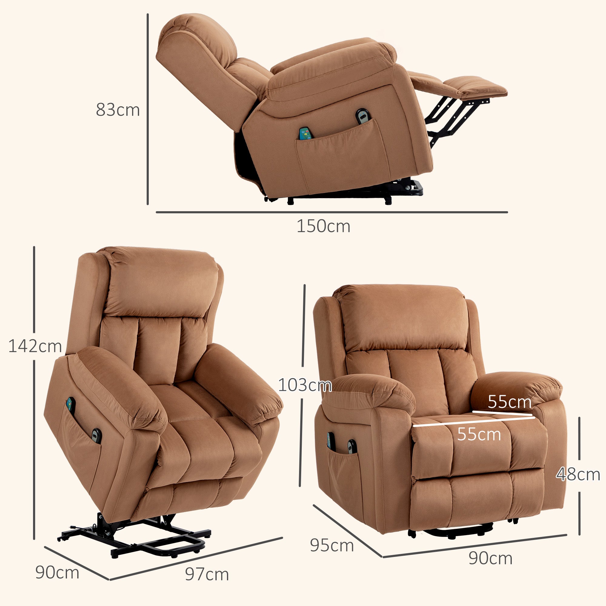 Eight Massage Point Electric Reclining Lift Chair, with Remote - Brown