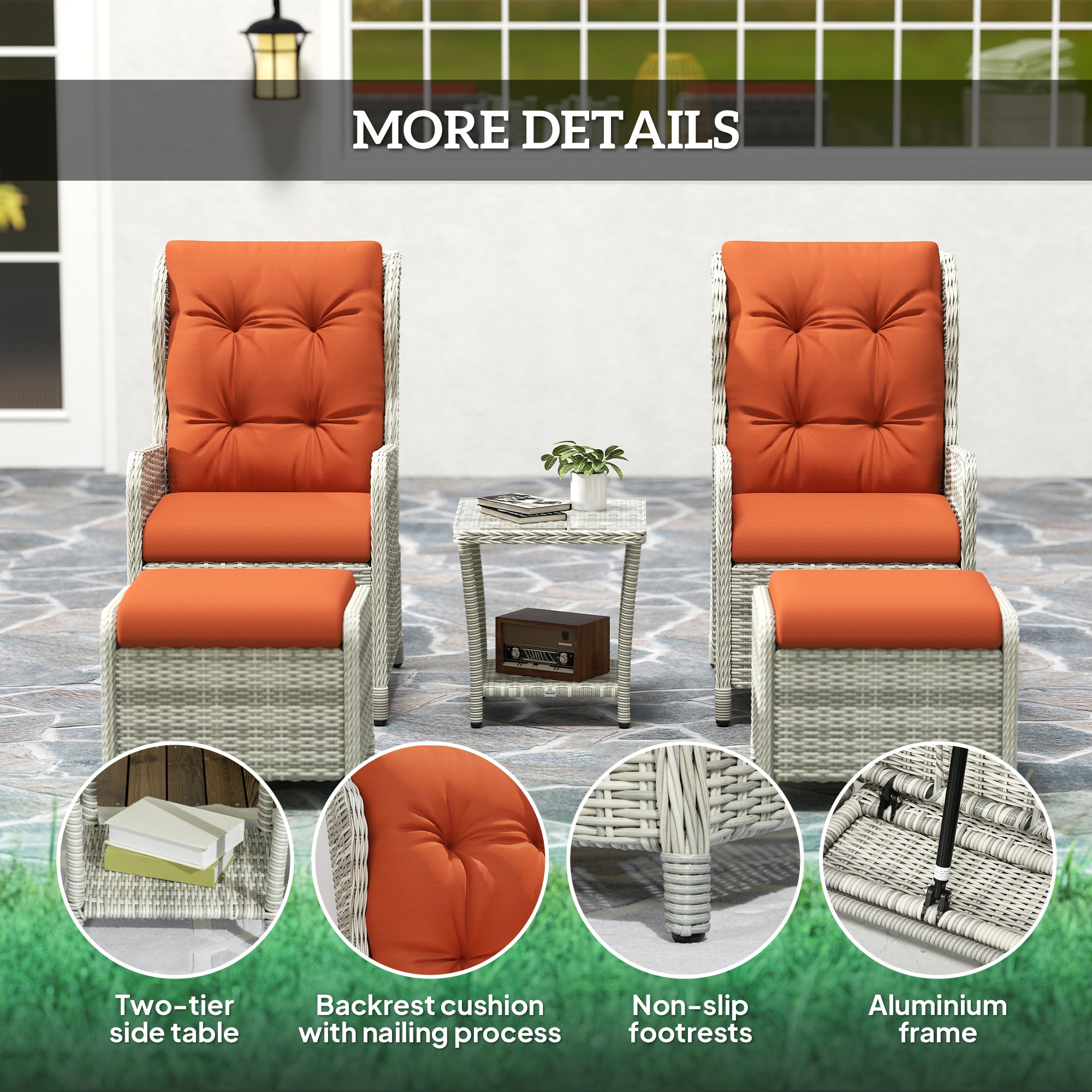 5 Piece Rattan Bistro Set with Cushions and Glass Table Top - Orange