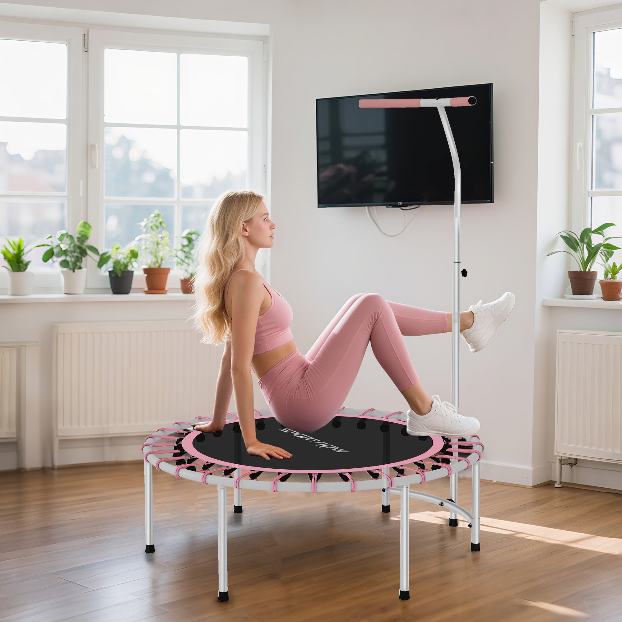 40" Fitness Trampoline, Mini Rebounder Trampoline for Adults with 5-Level Adjustable Handle, Indoor Exercise Bungee Rebounder, Max Load 100KG, Pink