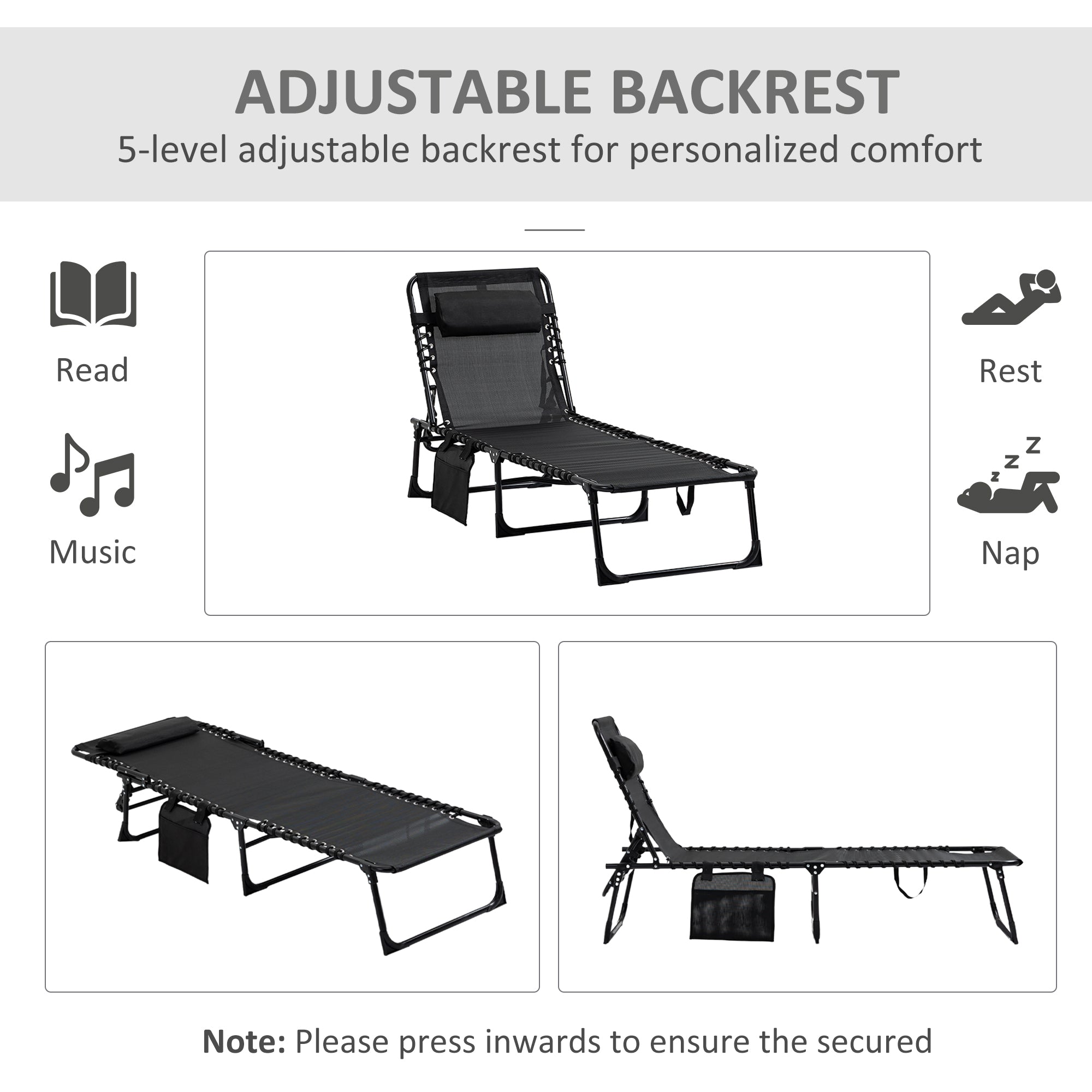 Portable Sun Lounger Set of 2, Folding Camping Bed Cot, Reclining Lounge Chair 5-position Adjustable Backrest with Side Pocket, Pillow for Patio Garden Beach Pool, Black