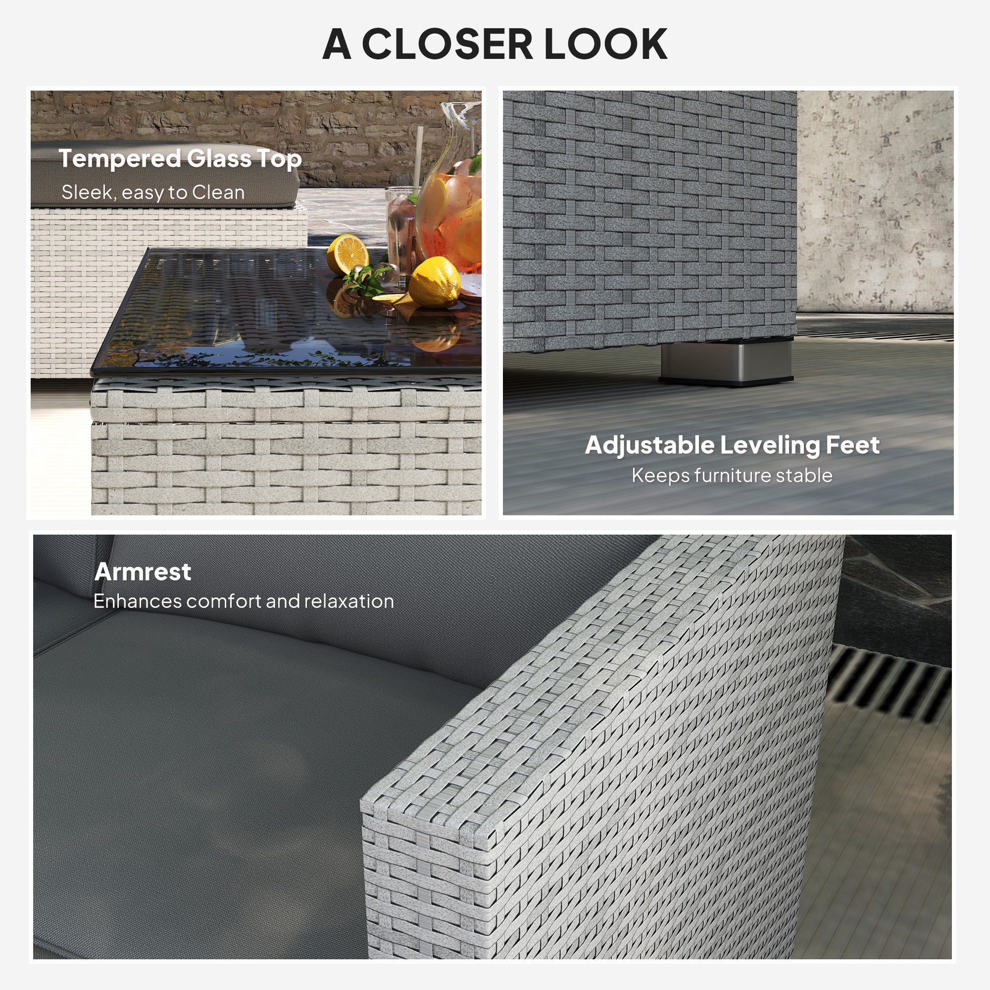 6 Piece Rattan Corner Sofa Set with Cushions and Glass Table - Mixed Grey