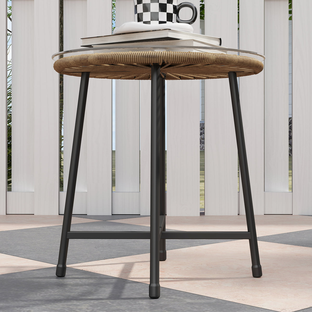3 Pieces Rattan Bistro Set with Cushions and Glass Top Table for Outdoor Patio Balcony - Natural