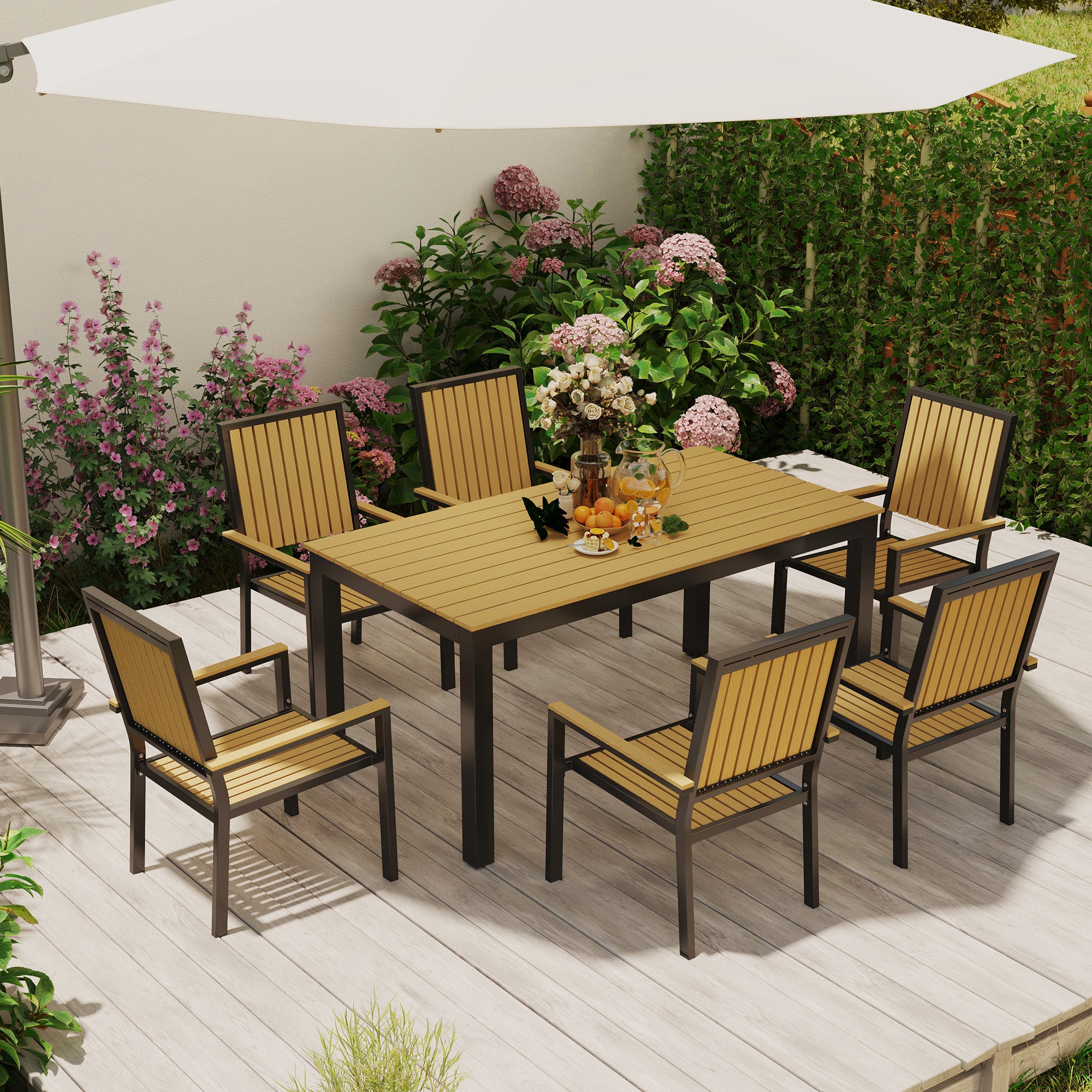 6 Seater Garden Dining Set with Stackable Chairs - Aluminium Frame and Weather-Resistant Wood Plastic Top
